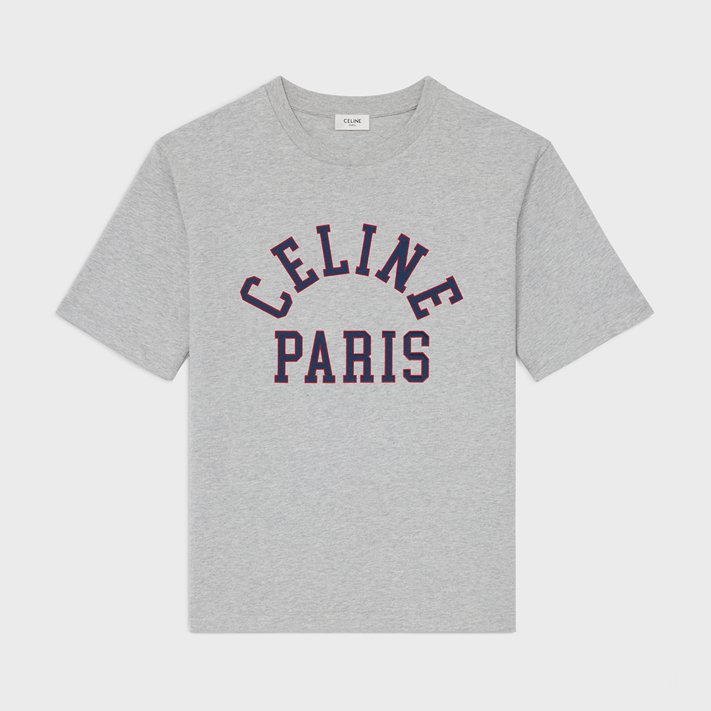 CELINE LOOSE T-SHIRT IN COTTON JERSEY GREY MELANGE BLUE RED #389240