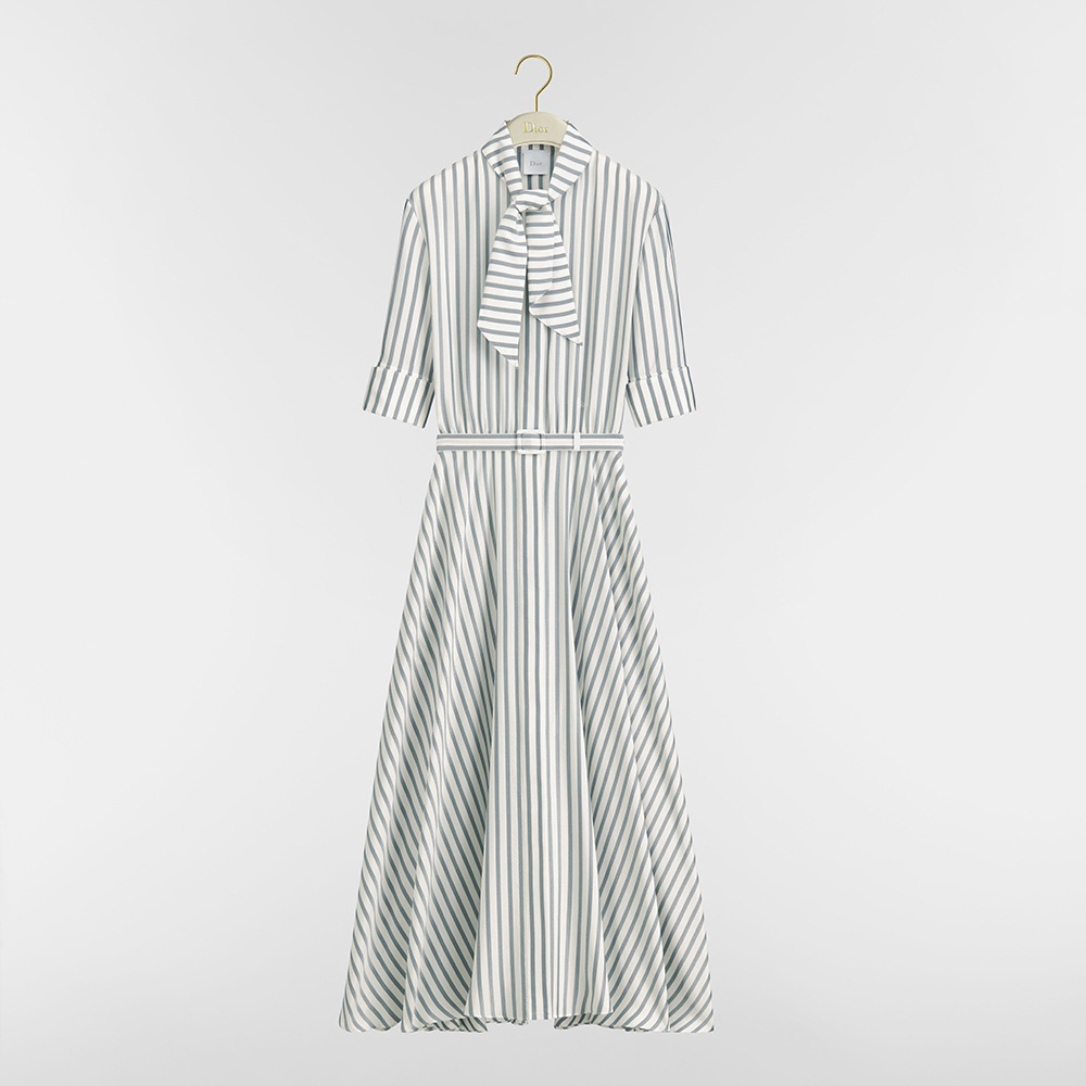 DIOR Mid-Length Belted Dress Gray and White D-Stripes Silk Jacquard #381771