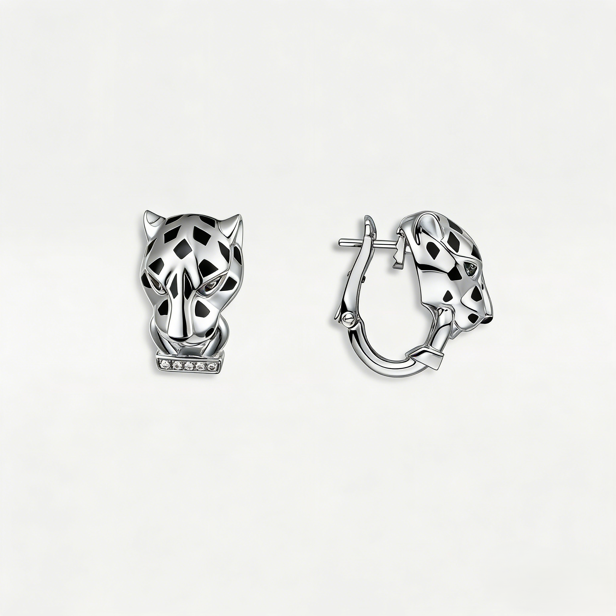 Carty Panther Motif Earrings, White Gold,  Moissanite