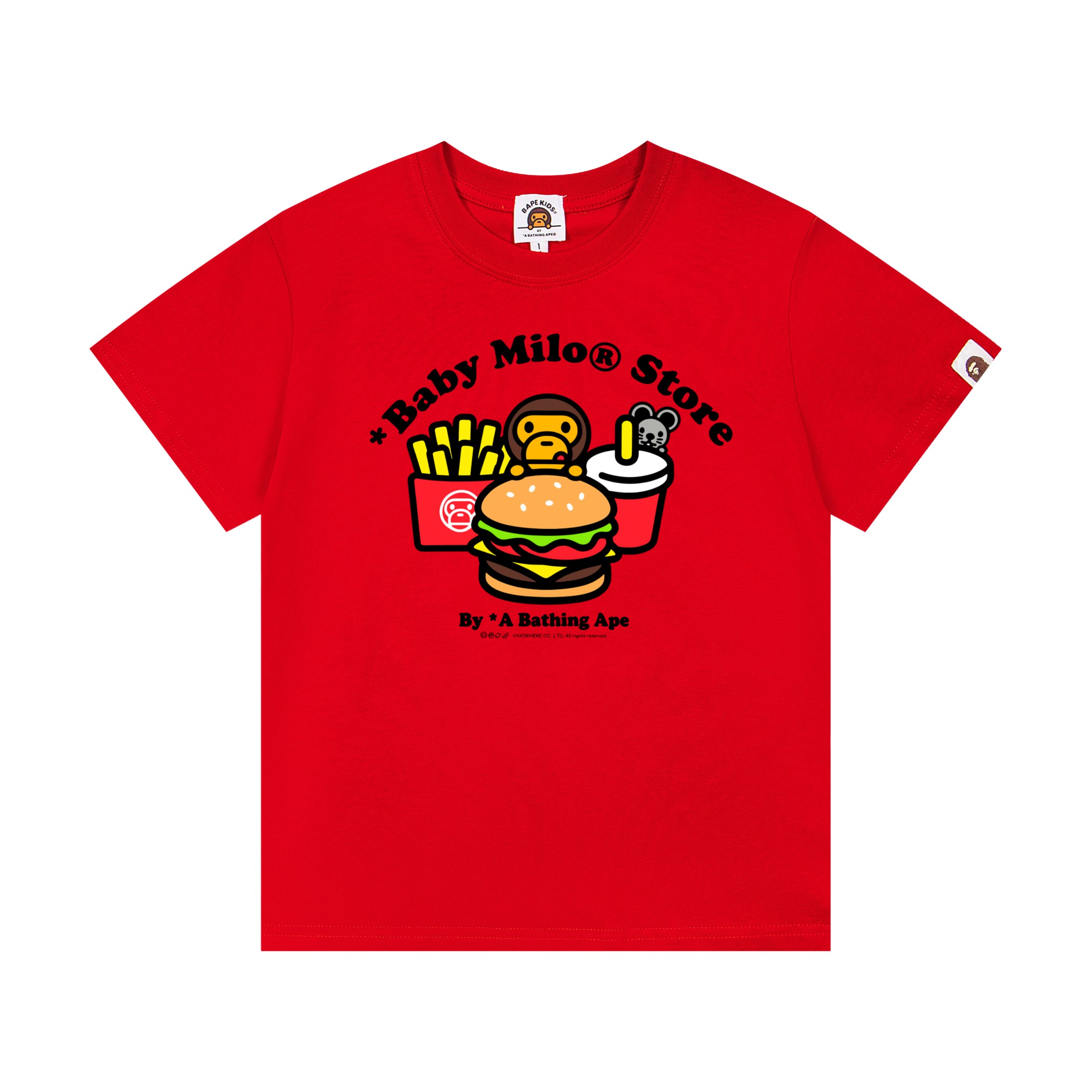 Bape Unisex Kids White Pink Red Black Baby Milo Burger Fries Soda Graphic Short Sleeve T-Shirt Boys Girls Sizes 90-150