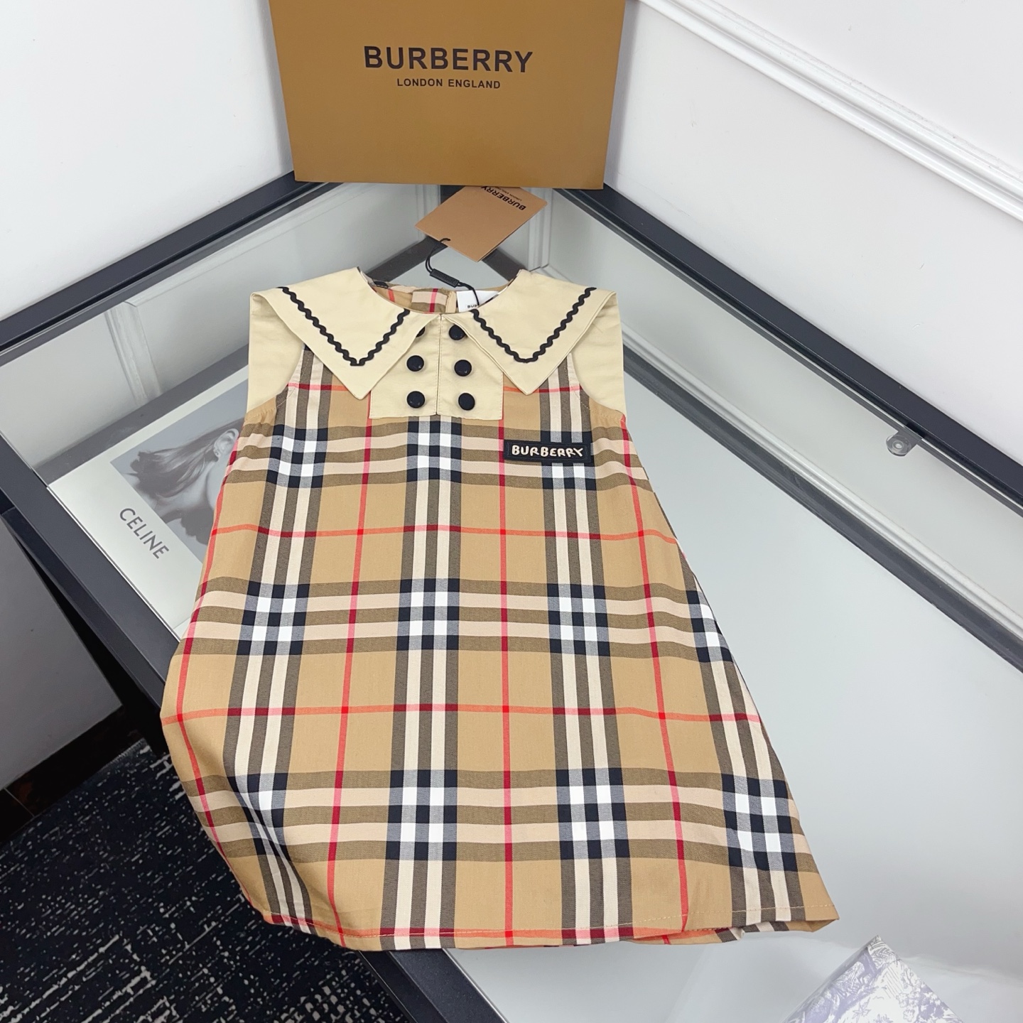 Burberry Girls Vintage Check Sleeveless Sailor Collar Cotton A-Line Dress Kids Classic Plaid Pinafore Dress Sizes 100-160