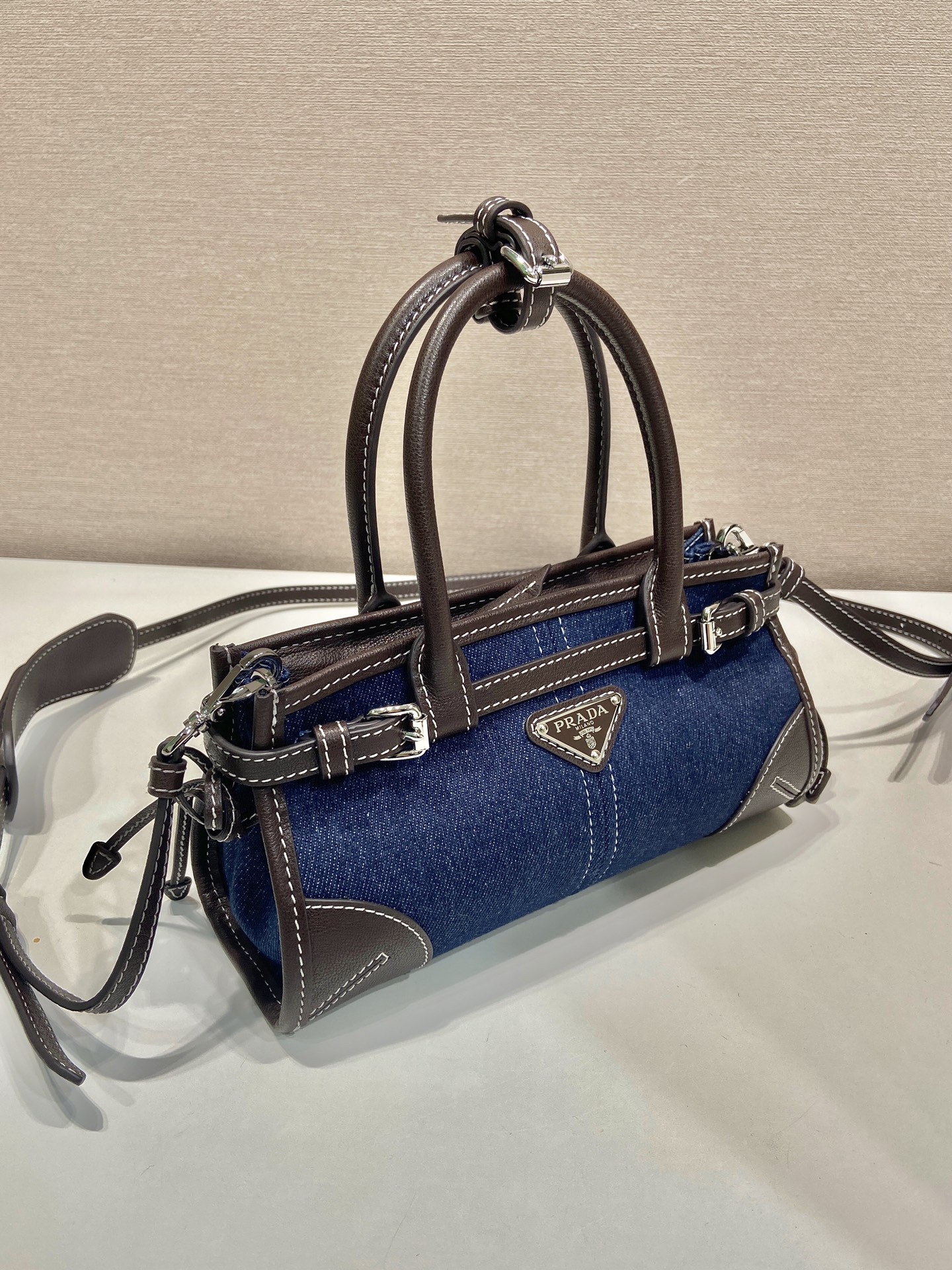 [TOP] PRADA Softlux Bag Denim/Calfskin 23.5x12x9cm - Blue and Chocolate
