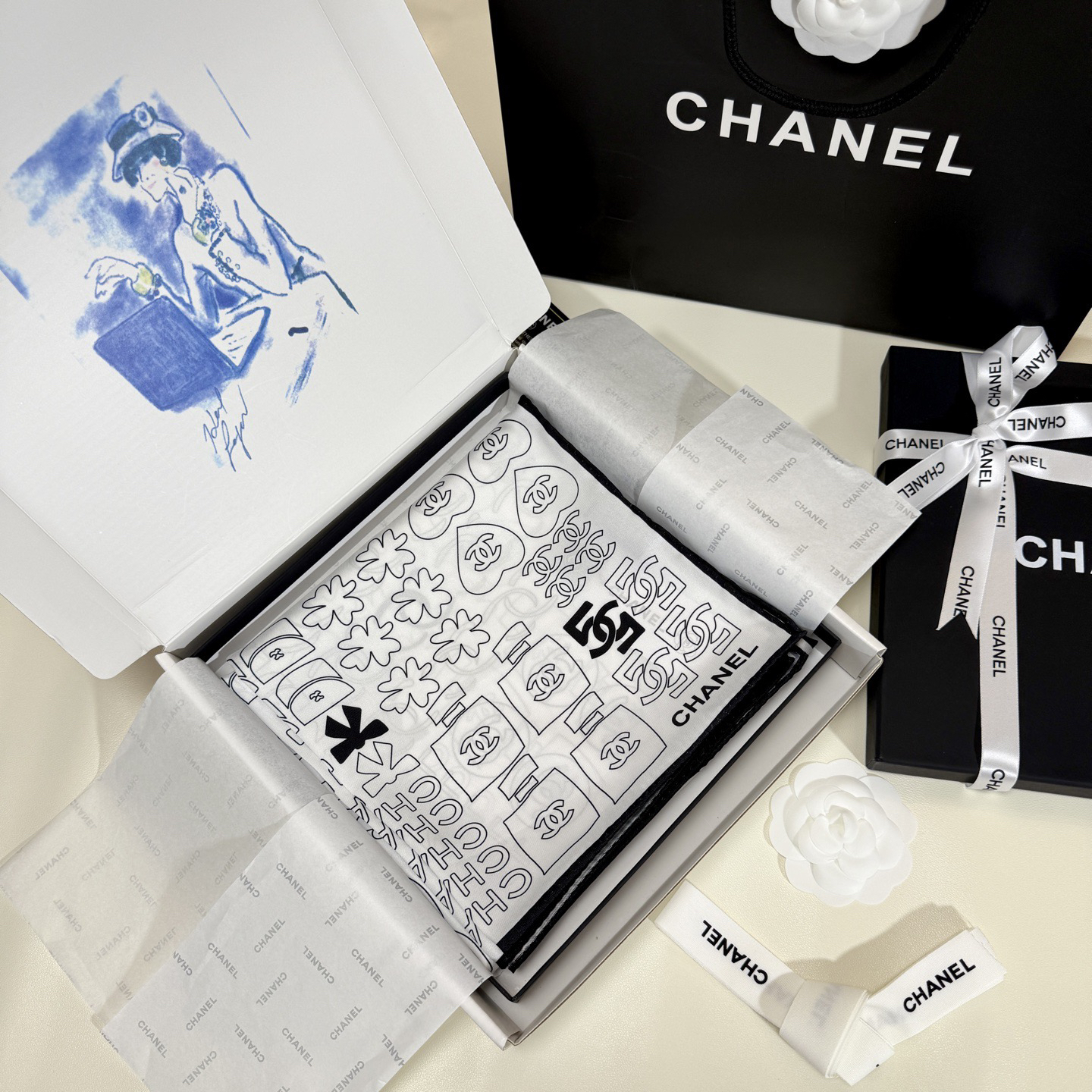 [TOP] Chanel Silk Scarf 90x90cm - White - 711 Luxury