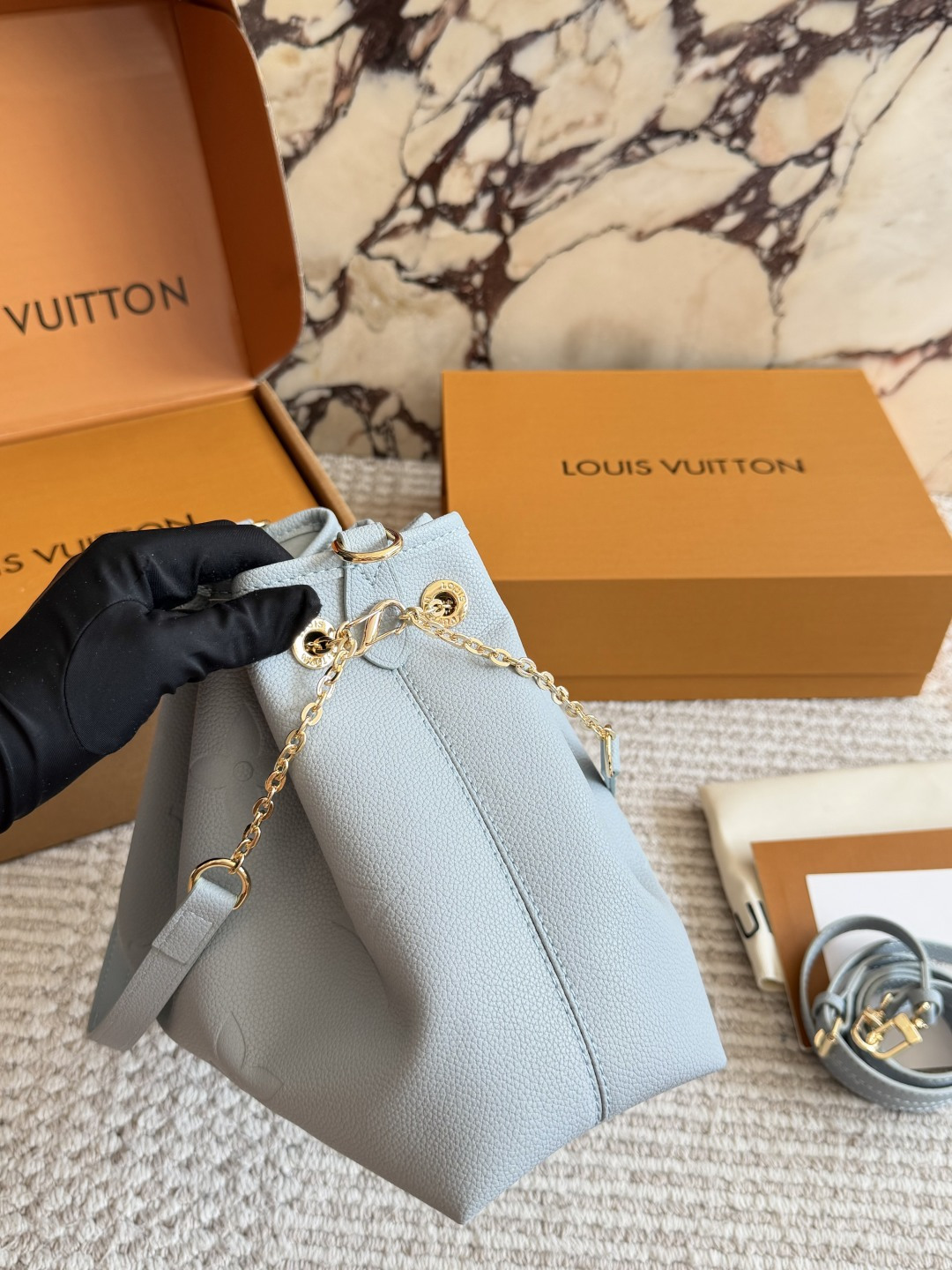 Louis Vuitton Summer Bundle Light Blue Leather Bucket Bag with Gold-tone Hardware (Replica)