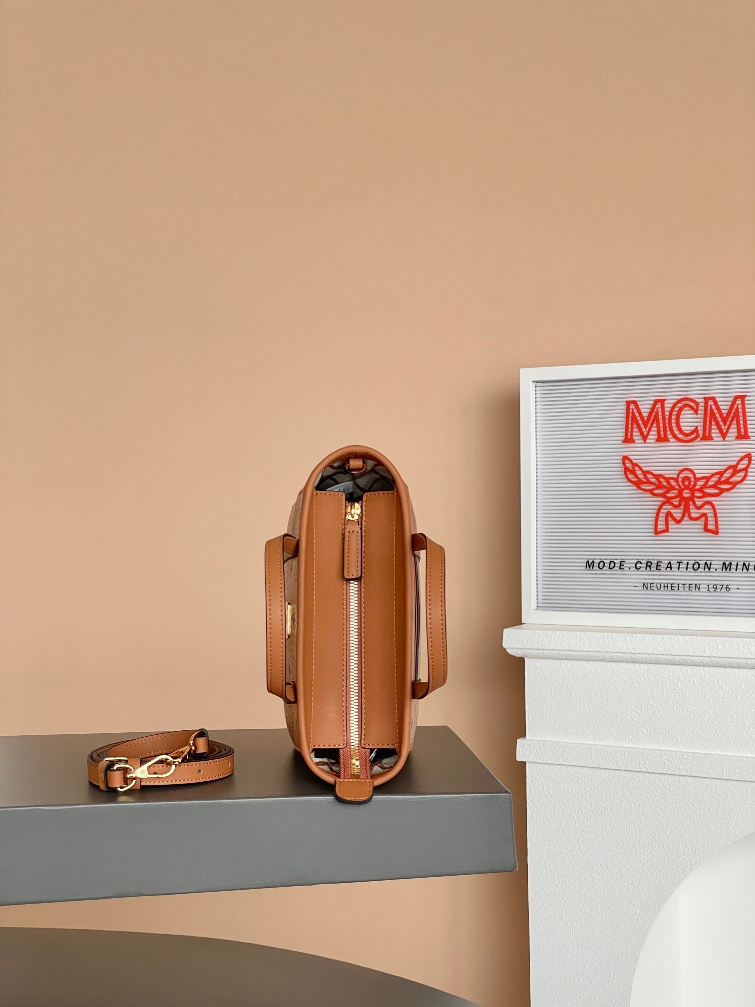 MCM Aren Visetos Mini Tote Bag Cognac Leather (Replica)