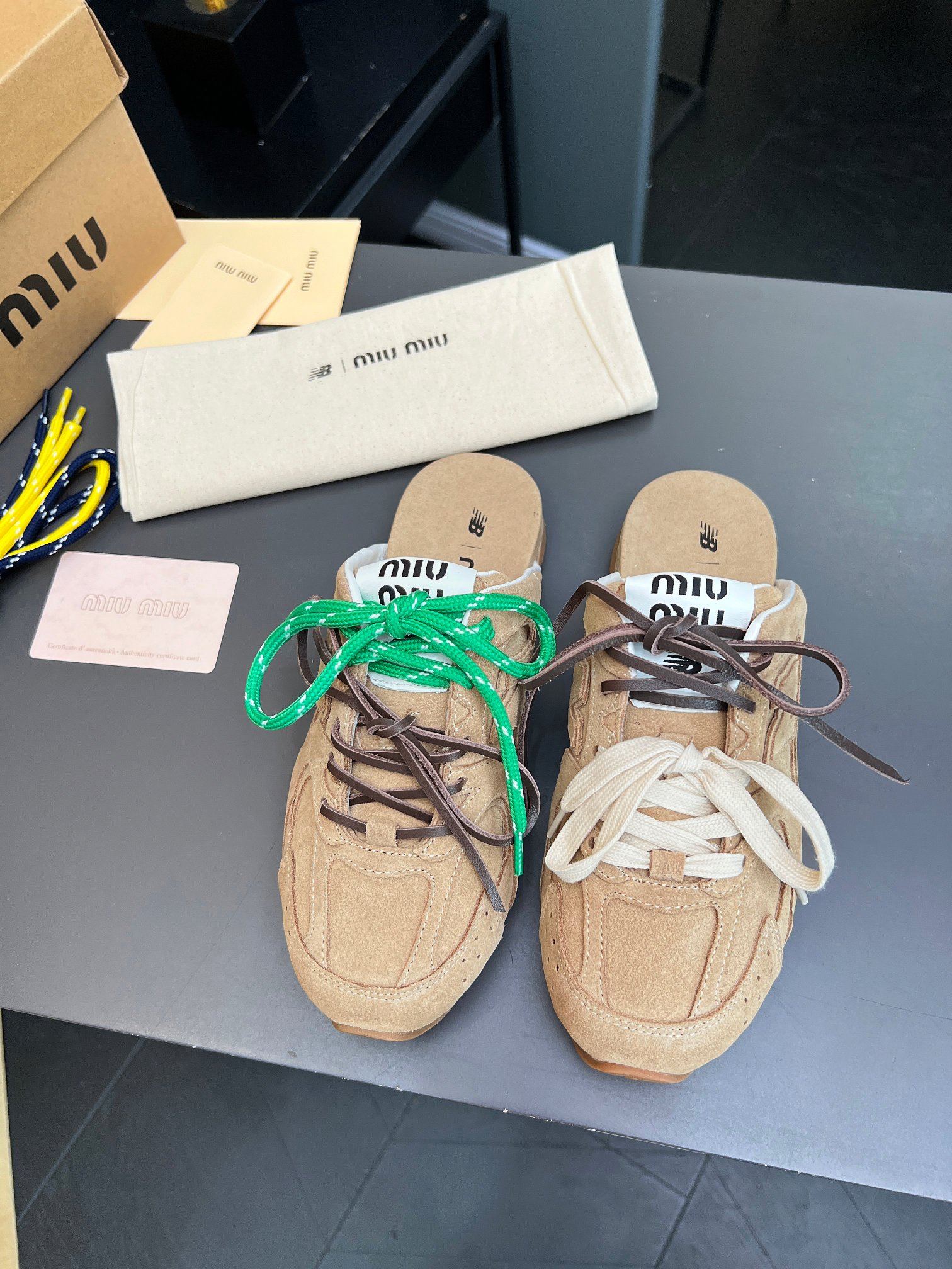 [TOP] Miu Miu x New Balance Suede Mules - Khaki - 711 Luxury