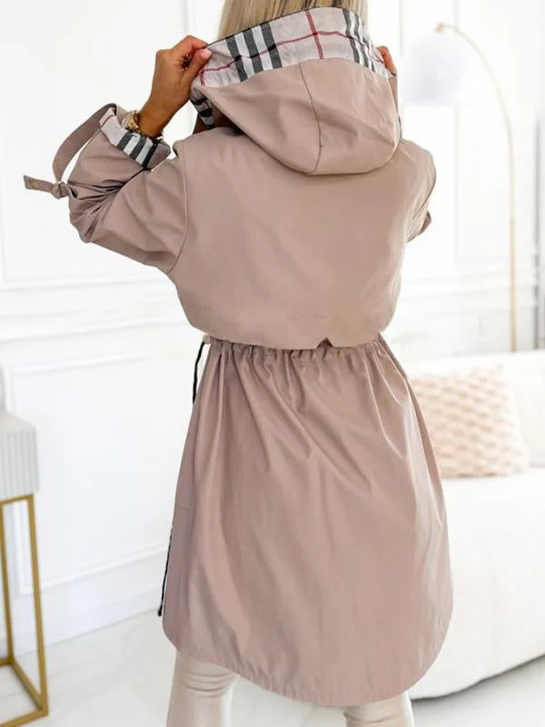 Women's Hooded Zipper Drawstring Plaid Print Casual Long Coat-XS-3XL