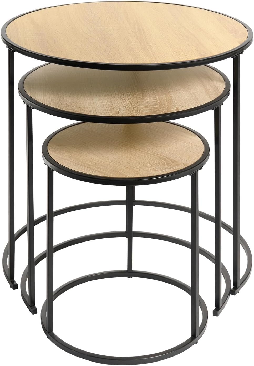 OHS Nest of Tables Set of 3, Stacking Side Tables Living Room Wooden Stylish Decorative Coffee Table Sturdy Metal Frame Easy Assembly Round End Table, Dark Wood
