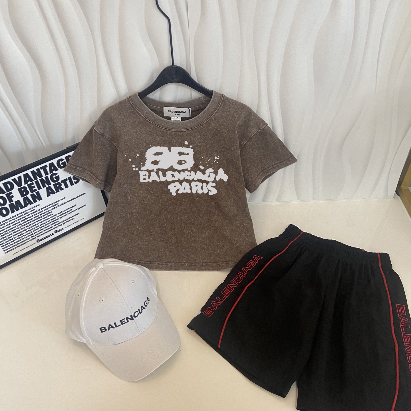 Balenciaga Unisex Kids Vintage Brown Washed BB Graffiti Short Sleeve T-Shirt & Black Red Side Logo Stripe Casual Shorts 3 Piece Outfit Set Boys Girls Sizes 100-160