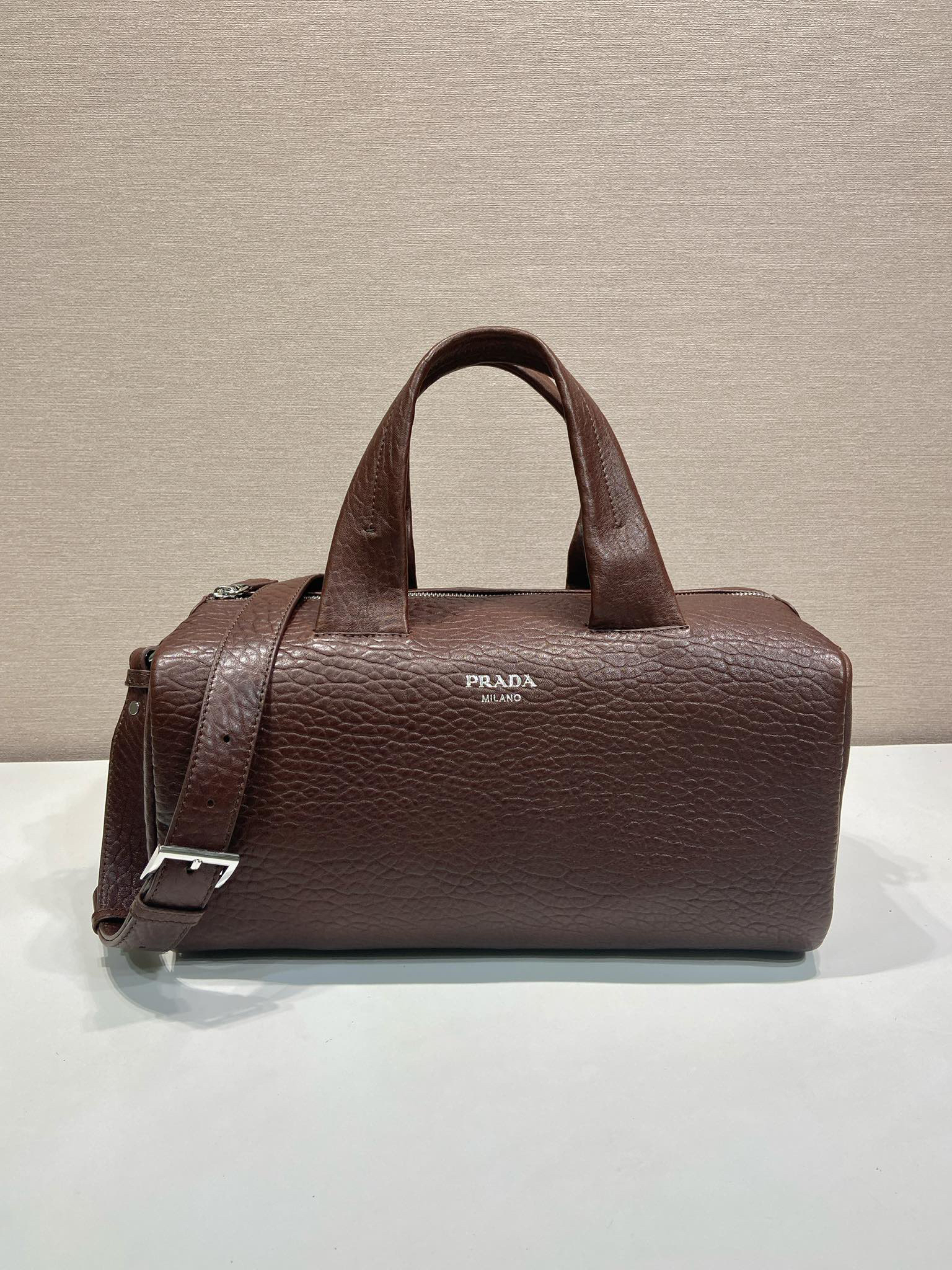 [TOP] PRADA Boston Travel Bag Lambskin 35x17.5x17.5cm - Brown