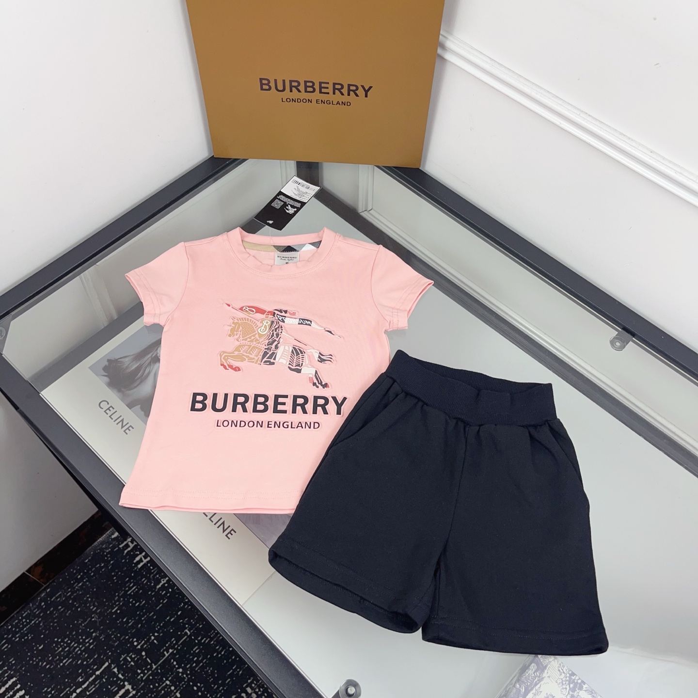 Burberry Unisex Kids Pink Embossed Equestrian Knight Print Short Sleeve T Shirt & Solid Black Elastic Waist Knit Shorts Two Piece Casual Matching Set Boys Girls Sizes 90-130