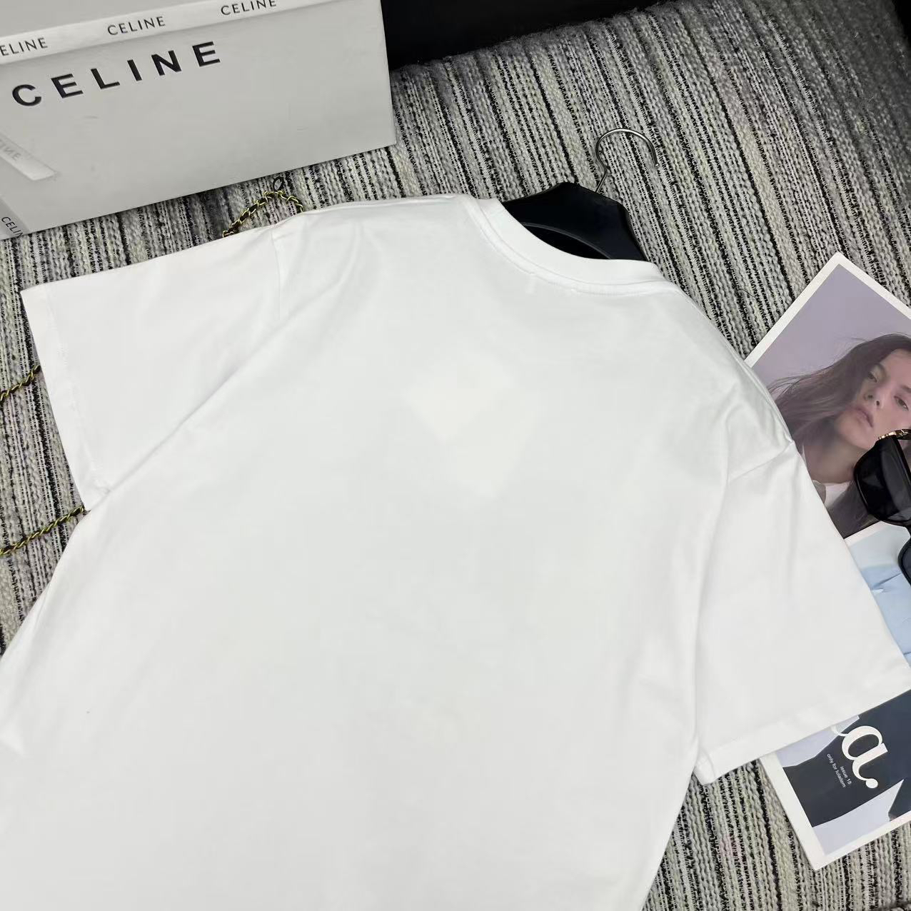 [TOP] CELINE Letter Print Short-Sleeve Crew Neck T-Shirt - White