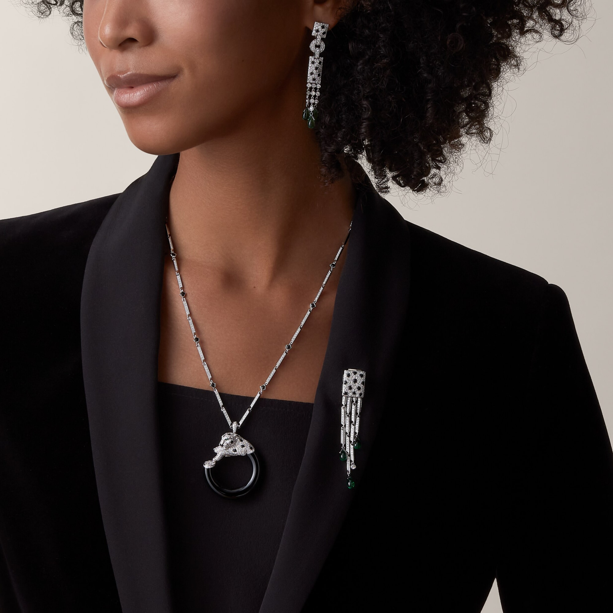 Carty Panther Motif Earrings, White Gold, Emeralds Paved