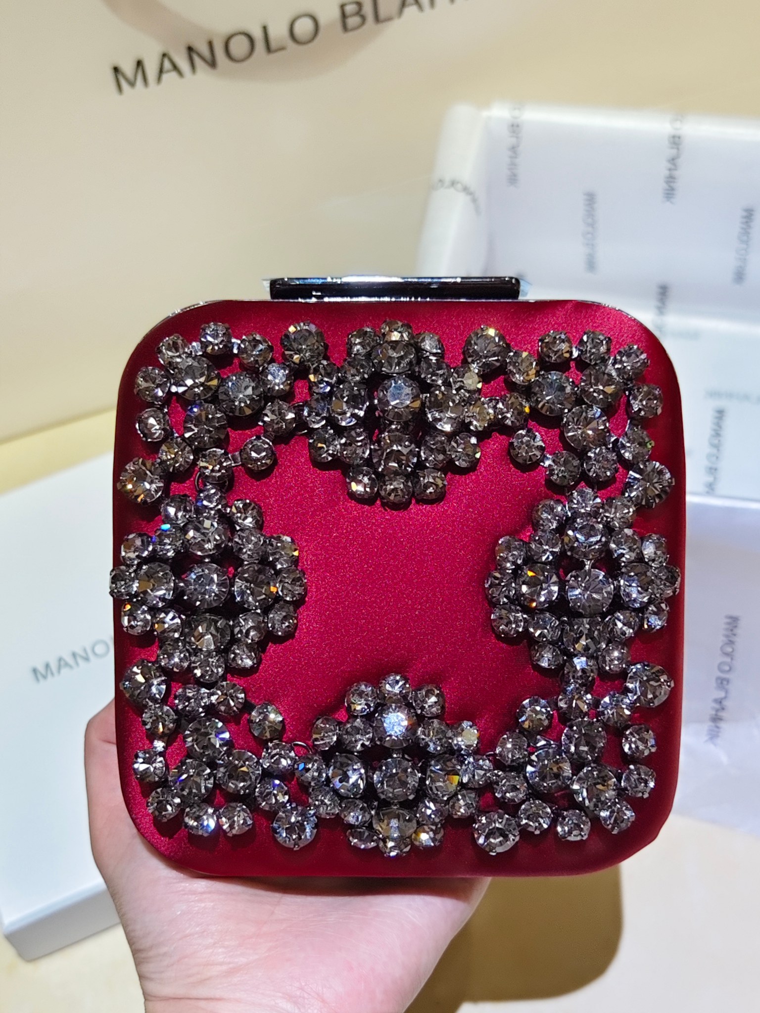 [TOP] MANOLO BLAHNIK Lace-patterned Square Bag 15.8*17*7.3cm - Red - 711 Luxury