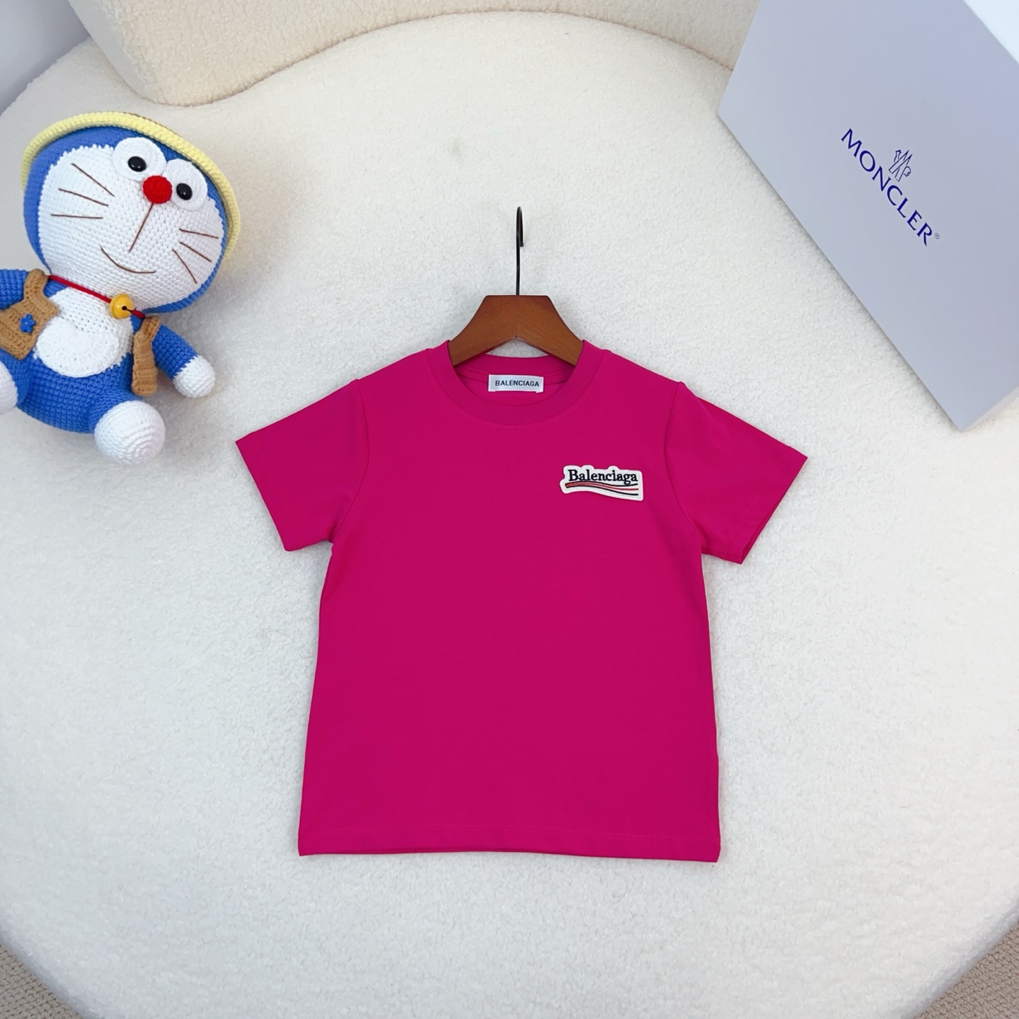 Balenciaga Unisex Kids Woven Patch Logo Crew Neck Short Sleeve T-Shirt Cotton Modal Boys Girls Summer Basic Tee Sizes 90-170