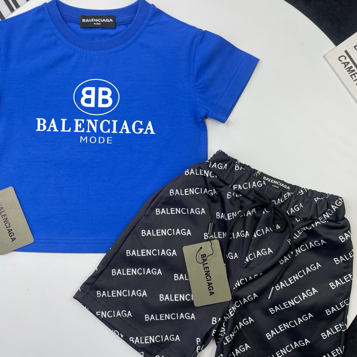 Balenciaga Unisex Kids Bright Blue Circle BB Mode Print Short Sleeve T-Shirt & Black All Over Letter Print Casual Shorts 2 Piece Set Boys Girls Sizes 90-150