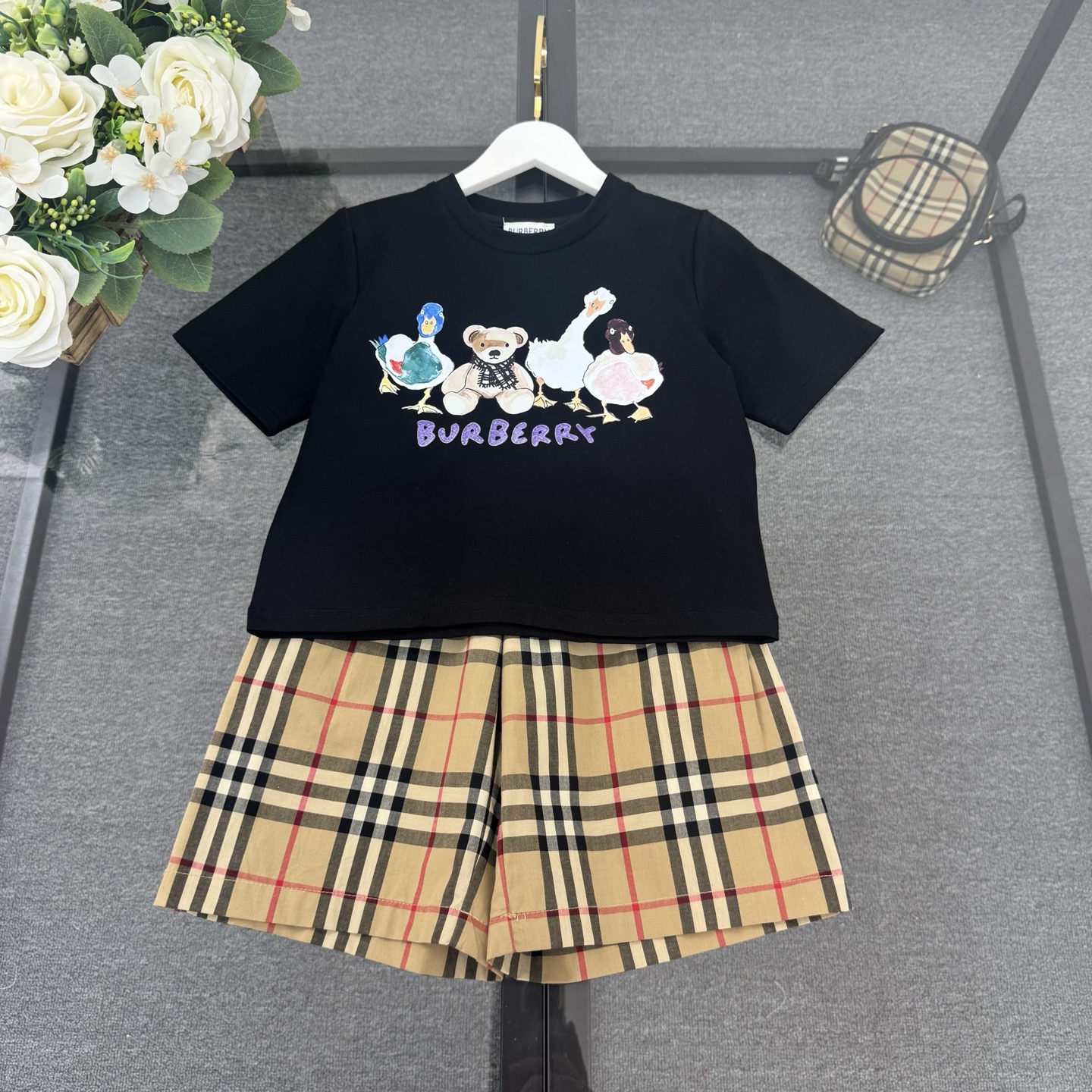 Burberry Unisex Kids Cartoon Duck Bear Print Short Sleeve Cotton T-Shirt & Vintage Check Elastic Waist Shorts Two Piece Sibling Set Boys Girls Sizes 100-160 Black