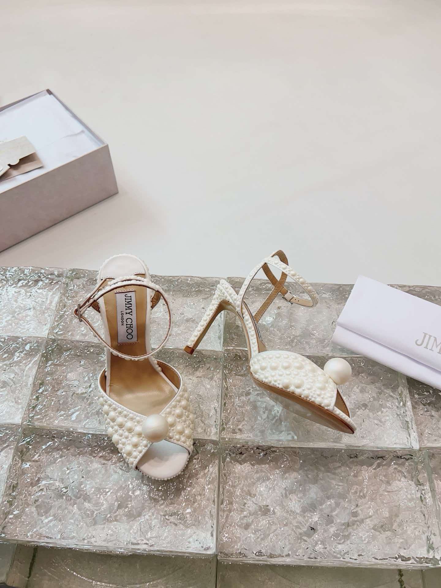 [TOP] Jimmy Choo 10cm Satin High Heel Sandals with All Over Pearls - White - 711 Luxury