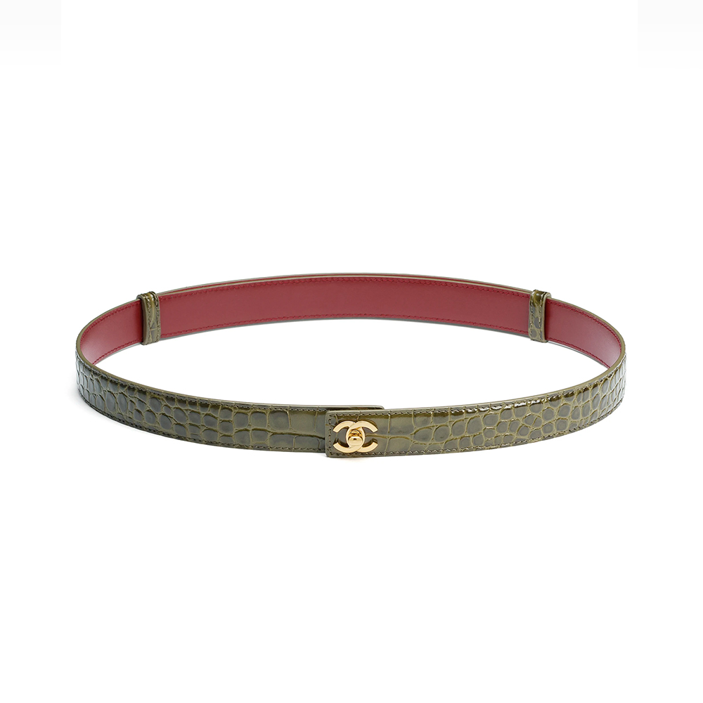 Chanel khaki Belt CHANEL Leather Belt Crocodile Embossed Calfskin Metal Khaki Gold #395509 | Nigo Office