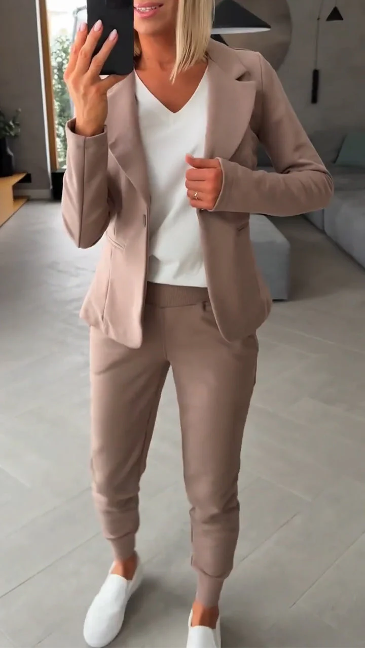 Women Collar Jacket+ Pants Commuting Style Set
