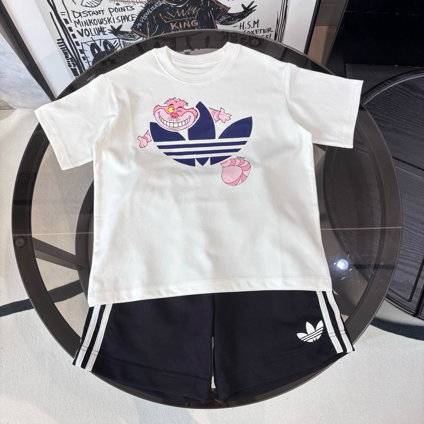 Adidas Unisex Kids Care Bears Cheshire Cat Graphic Crewneck T-Shirt & 3 Stripe Athletic Shorts Two Piece Tracksuit Boys Girls Sizes 90-160