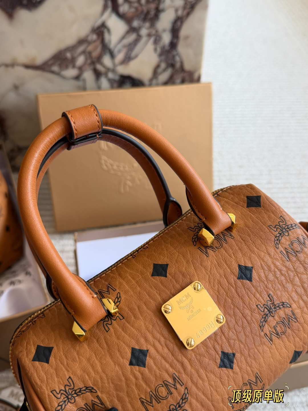 MCM Mini Nano Cognac Leather Pillow Bag with Gold-tone Hardware (Replica)