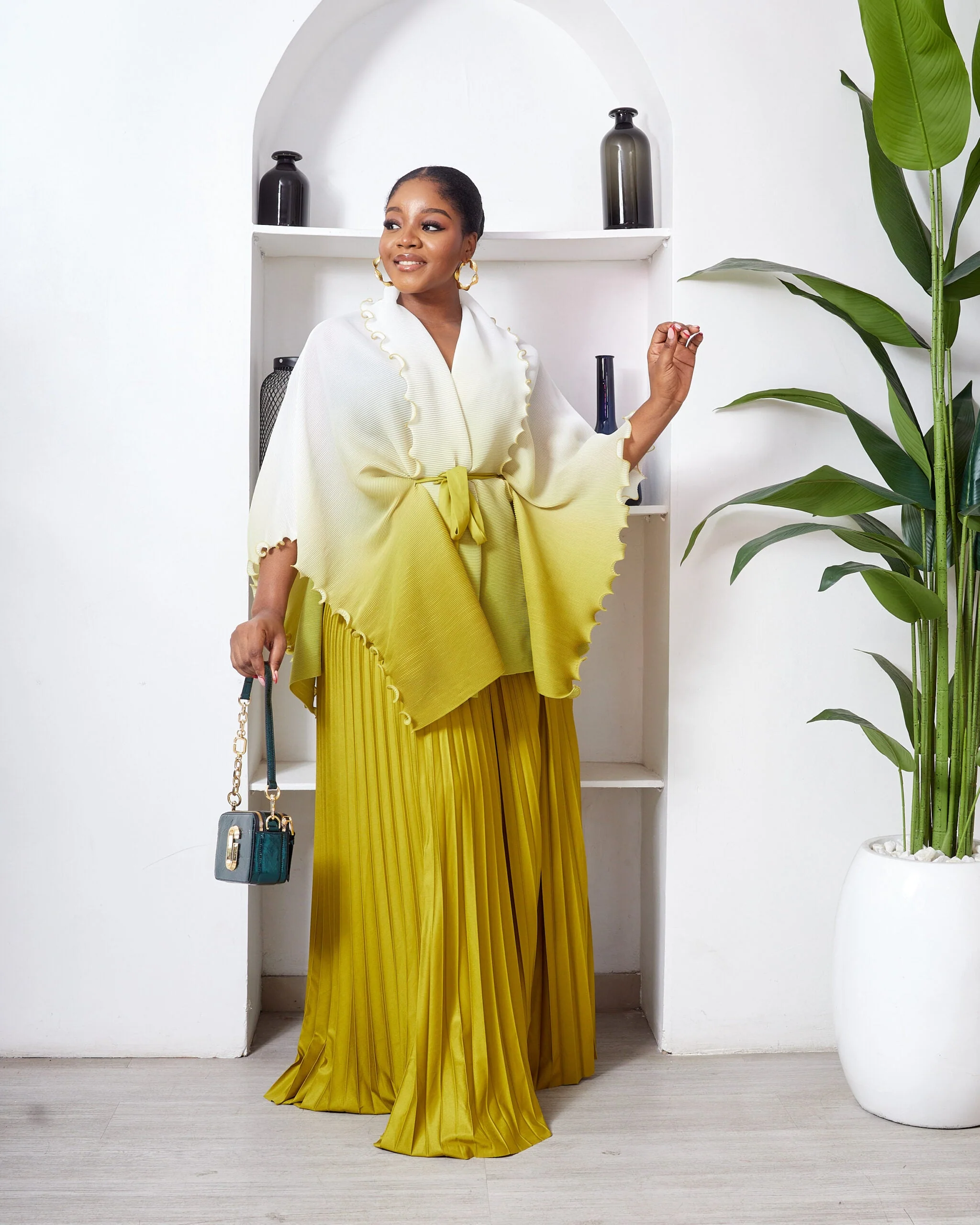 IVORY X OLIVE RUFFLE DETAIL BATWING TOP X PLEATED SKIRT MIYAKI SUIT SET