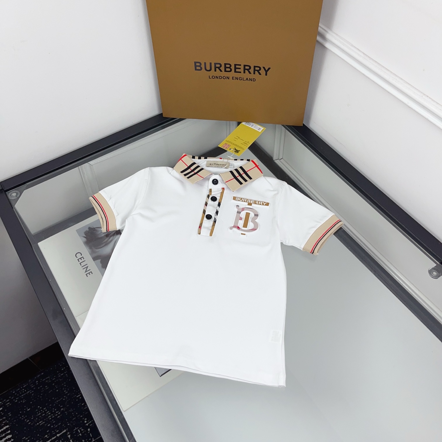 Burberry Unisex Kids White Vintage Check Collar Short Sleeve Polo Shirt Boys Girls Sizes 90-130