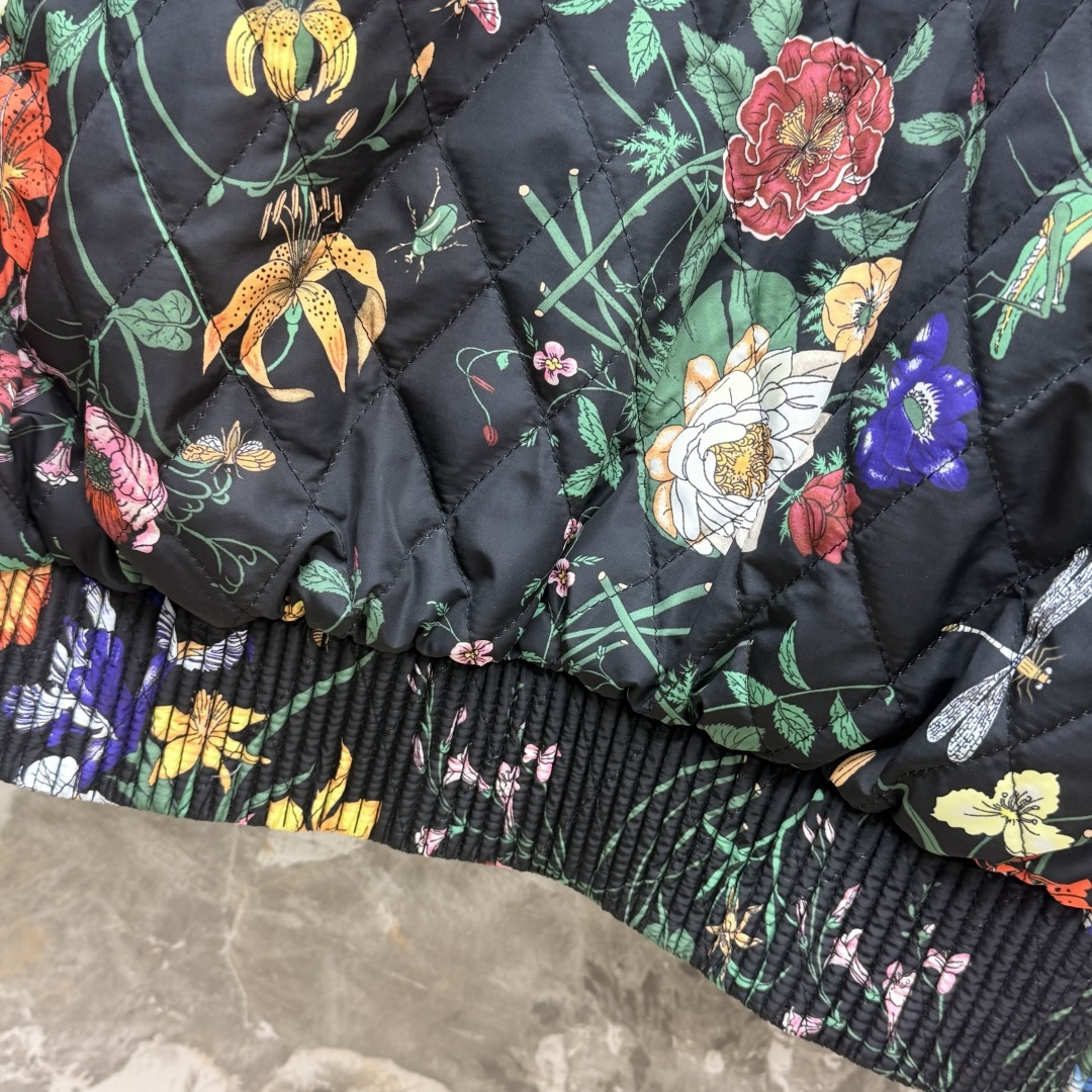 [TOP] GUCCI Floral Cotton-Padded Jacket - Black