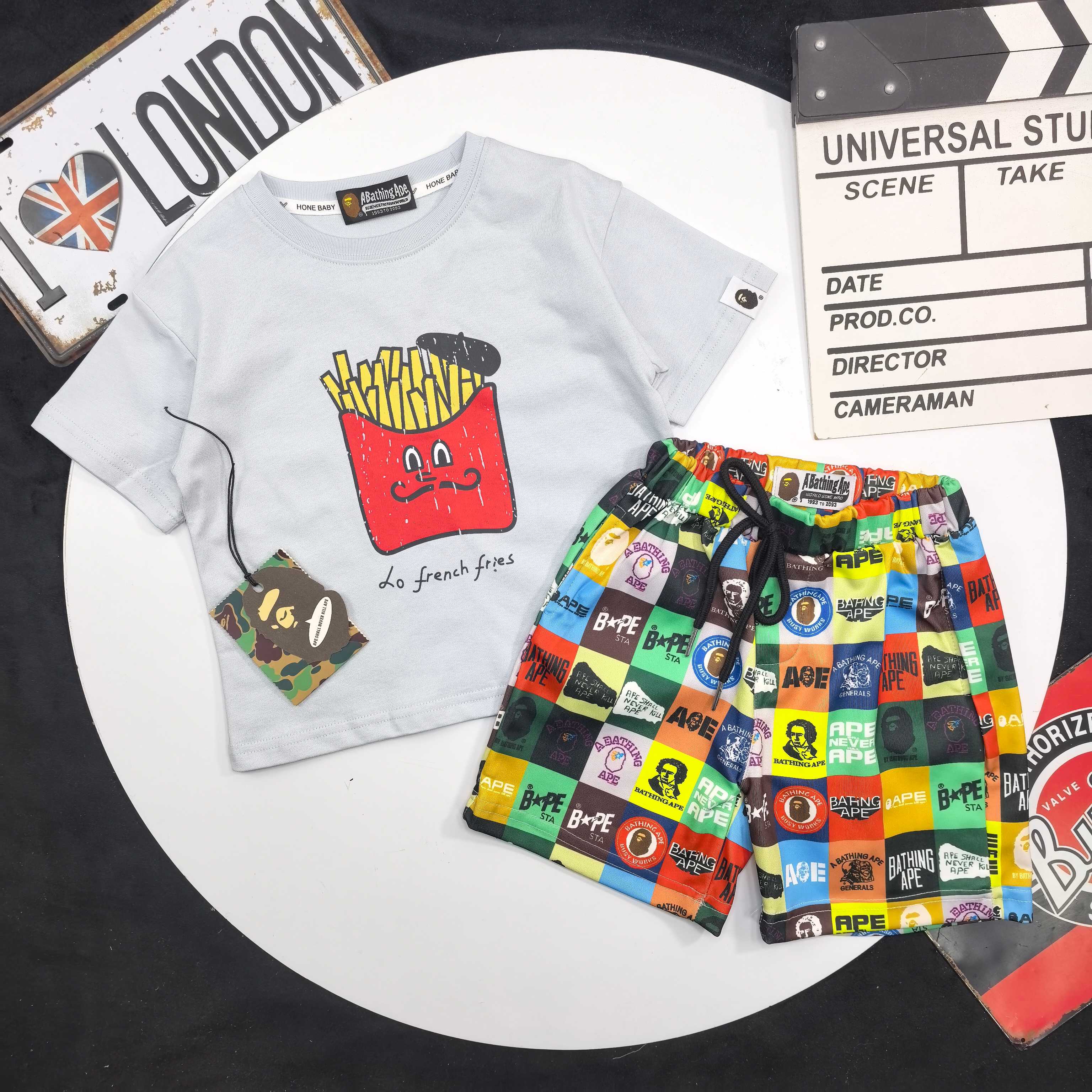 Bape Unisex Kids Light Grey French Fries Print Short Sleeve T-Shirt & Colorful Grid Logo Print Shorts Set Boys Girls Sizes 90-150