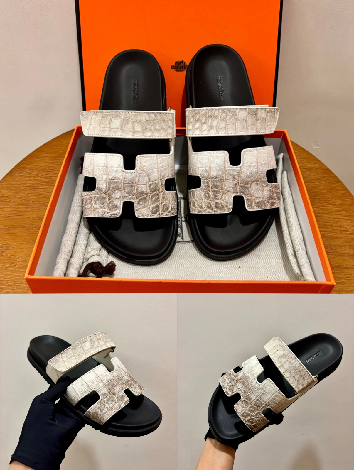 Hermès Himalaya Nile crocodile leather slippers