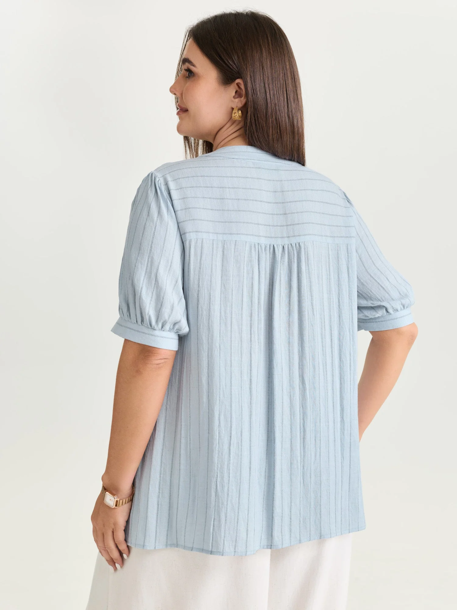 Cotton Bowknot Neckline Button-Down Blouse