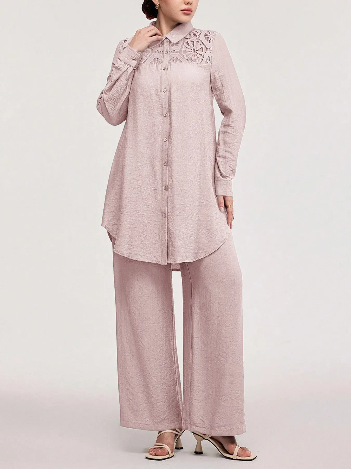 Women's Casual Two-Piece Set, Hollow-Out Top and Loose-Fit Pants