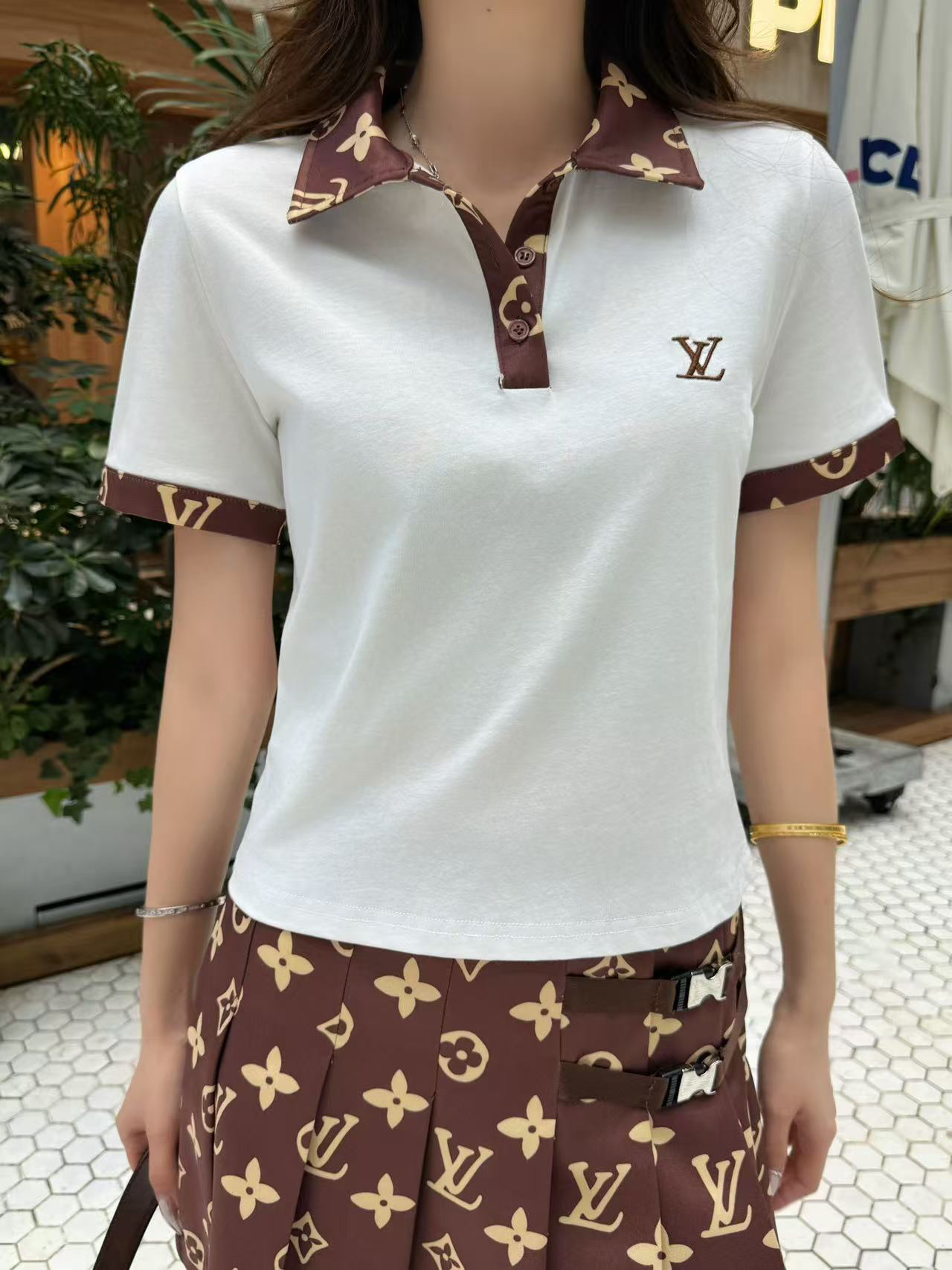 [TOP] Louis Vuitton LV Polo T-shirt + Skirt Set - White/Brown
