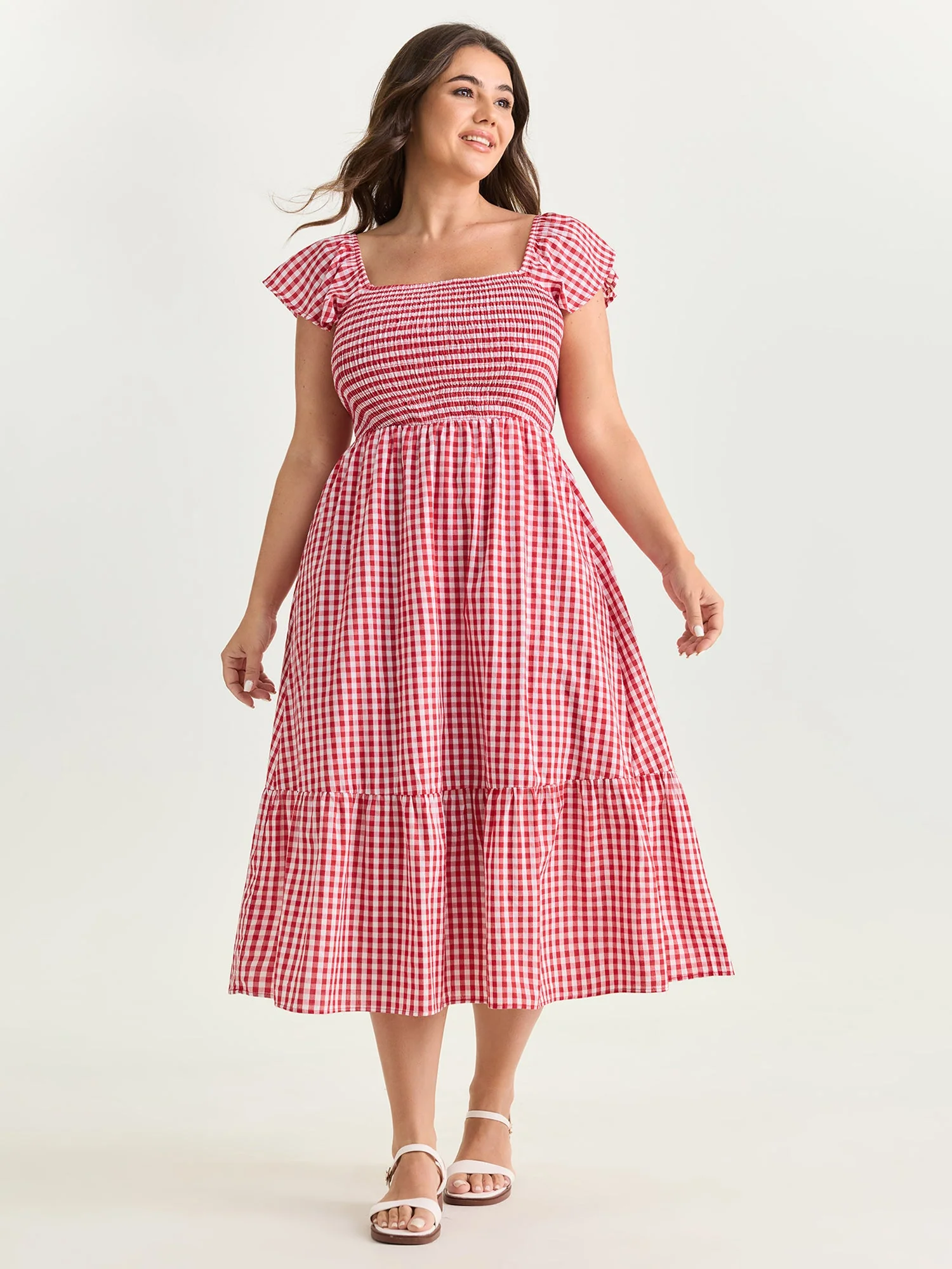 Cotton Gingham Print Shirred Bodice Midi Dress