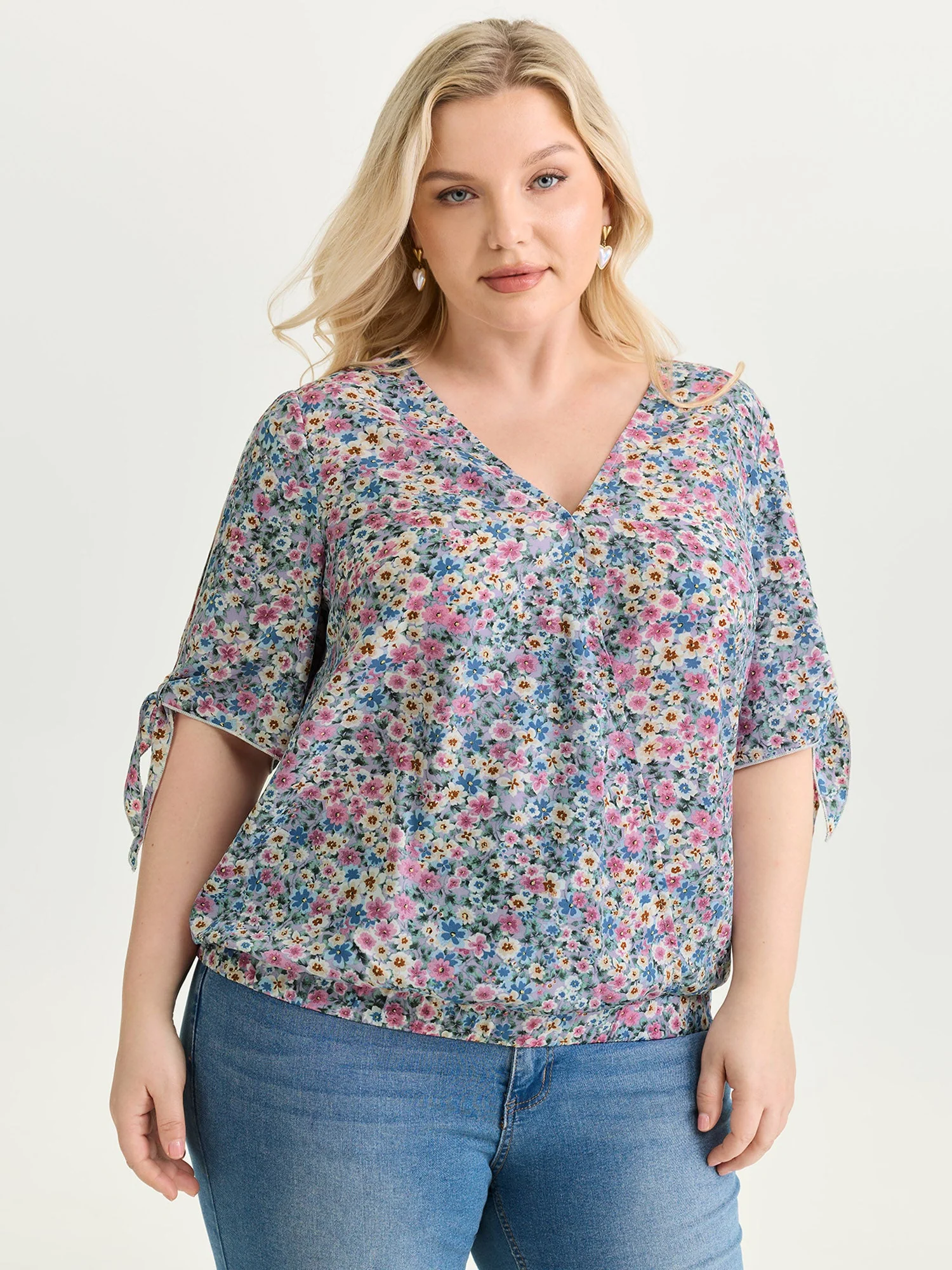 Floral Print Adjustable Sleeve Tie Blouse
