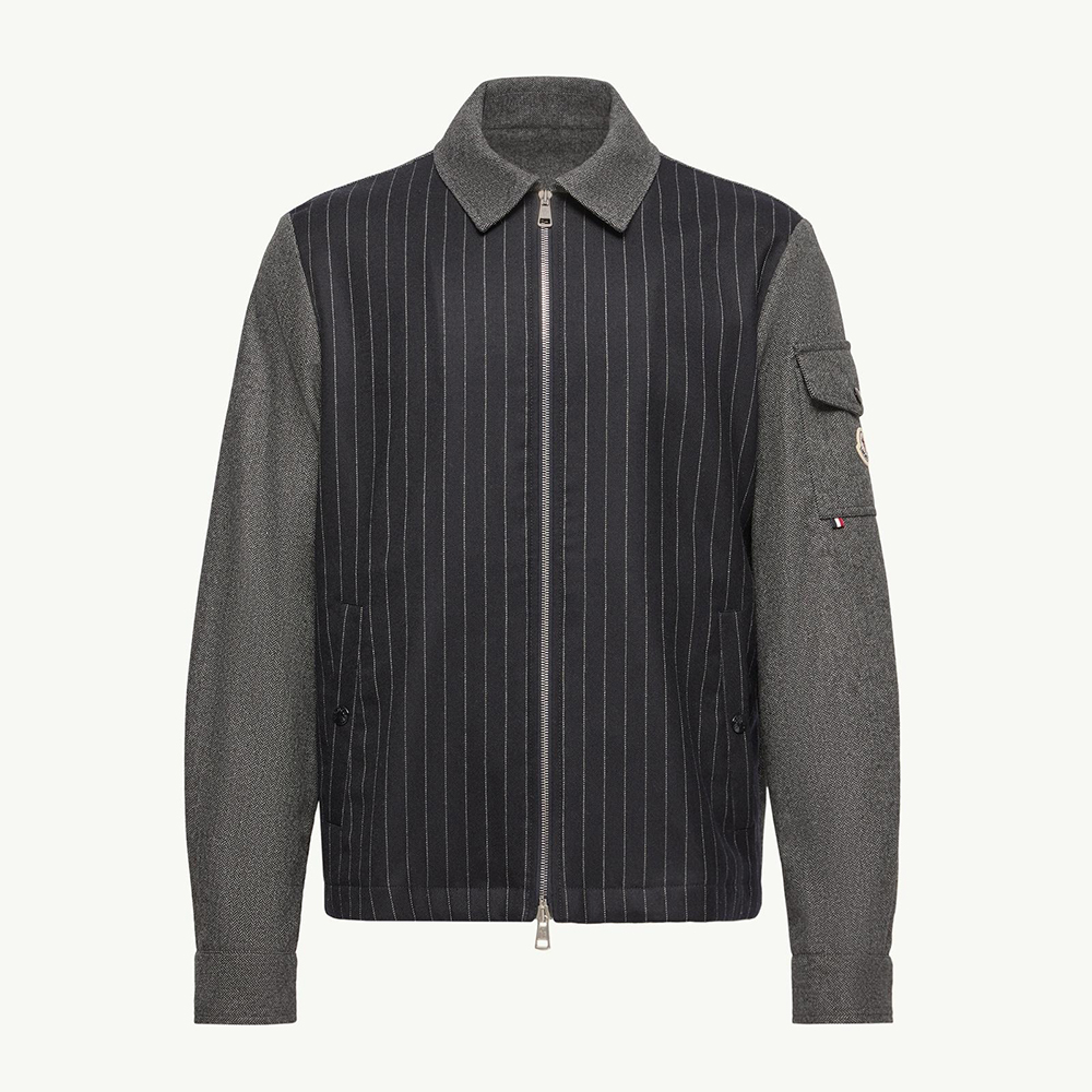 Designer blue Clothing Moncler Blue Grey Herringbone Wool Blend Zip-Up Shirt Shirt Jackets #393195 | Nigo Office