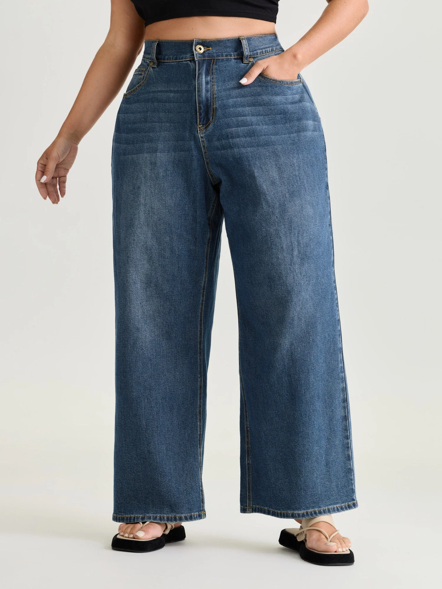 Stretchy Elastic Back Waist Wide-Leg Jeans