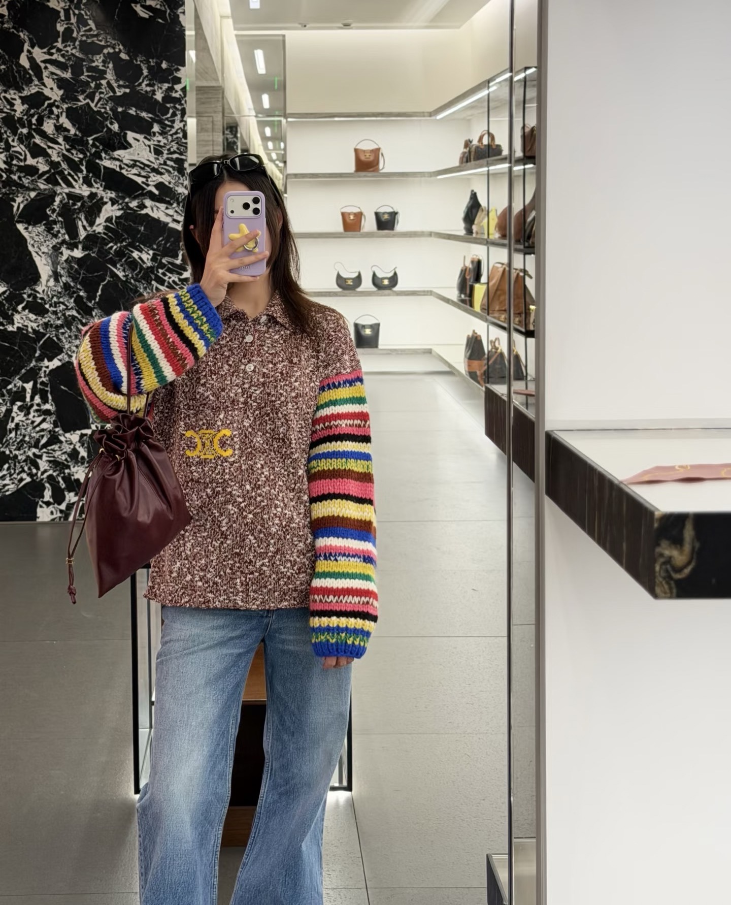[TOP] CELINE Colorful Sleeve Patchwork Knitted Long Sleeves  - Brown - 711 Luxury