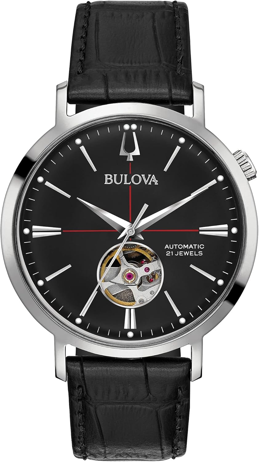 Bulova Men's Classic Aerojet 3-Hand Automatic Leather Strap Watch, Open Aperture, 40-Hour Power Reserve, Double Curved Mineral Crystal, 41mm