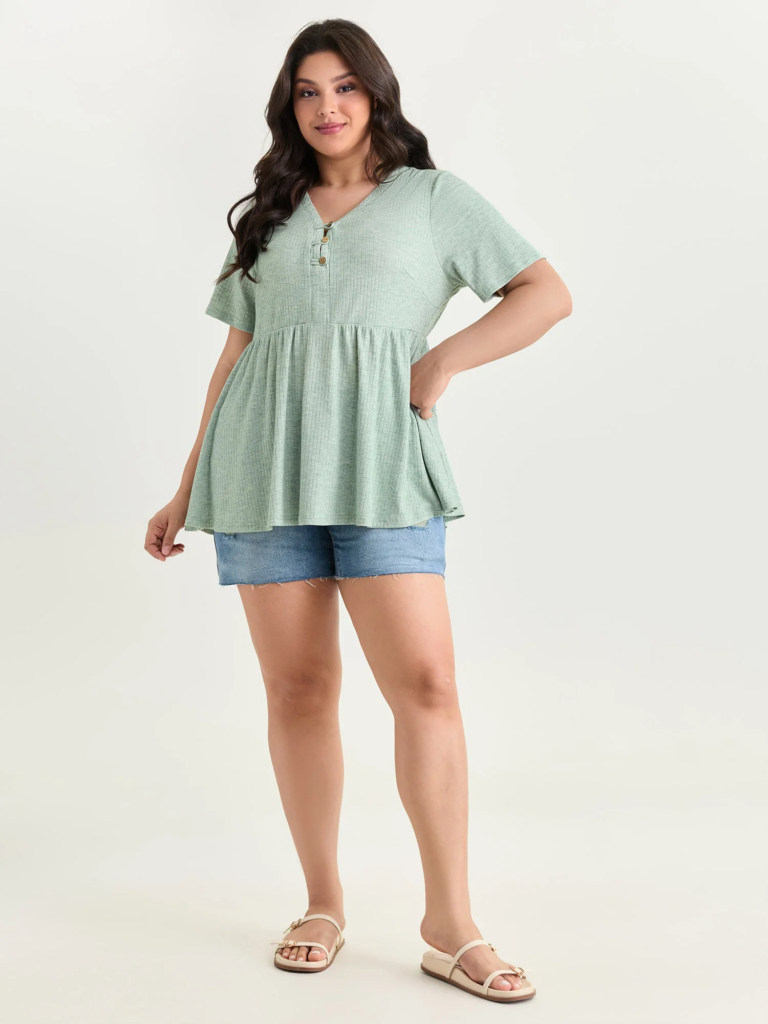 Supersoft Button Detail Plain Knit Top