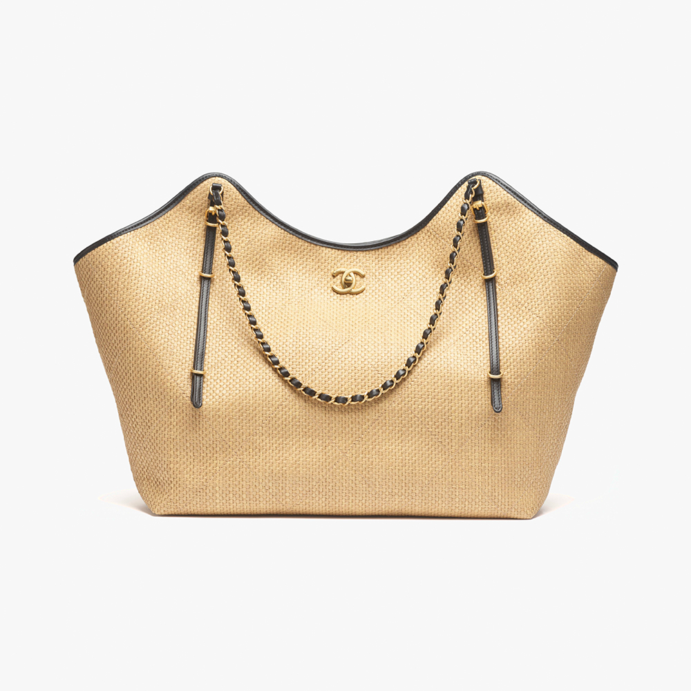 CHANEL Maxi Shopping Bag Braided Raffia Calfskin Gold-tone Metal Dark Beige Black #376633