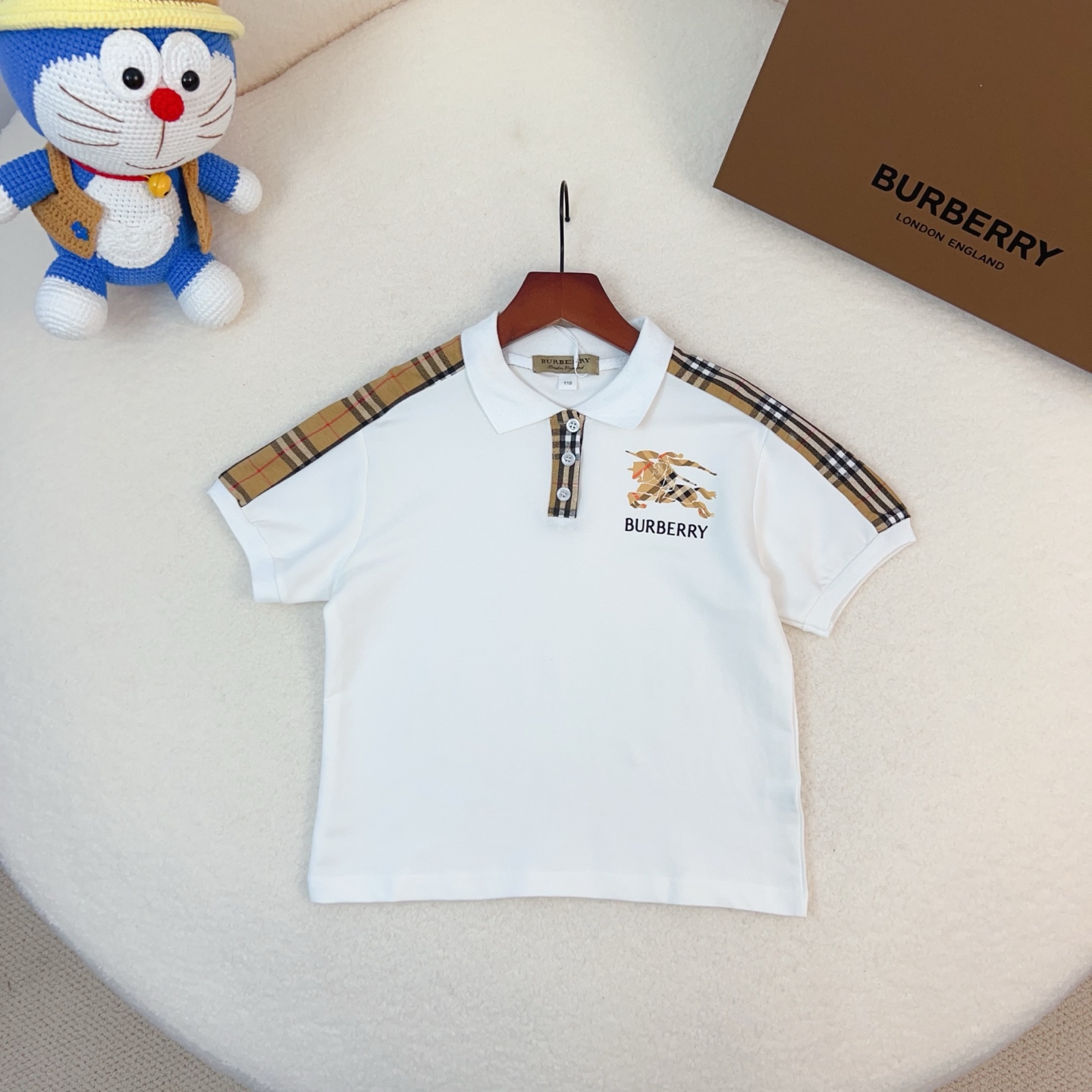 Burberry Unisex Kids White Check Panel Equestrian Logo Polo Top & Black Side Plaid Shorts 2 Piece Cotton Sibling Set Boys Girls Sizes 100-160