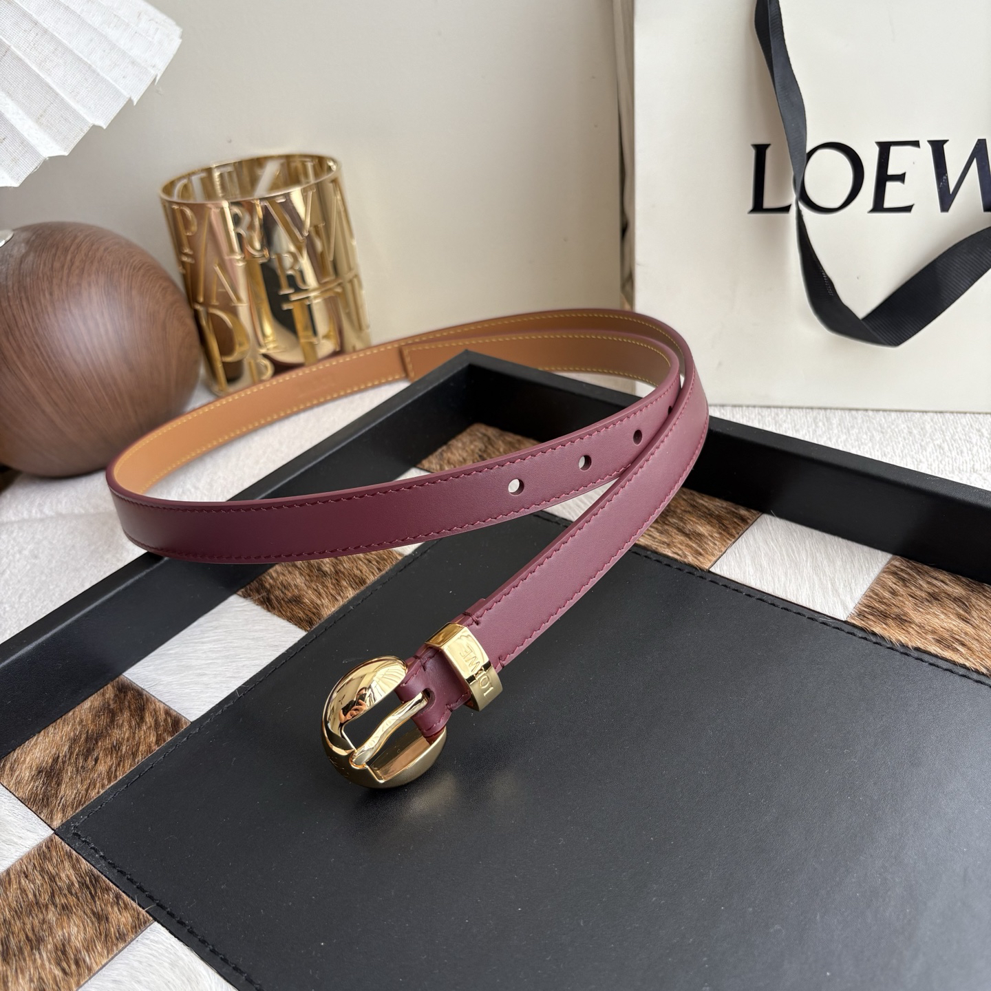 [TOP] LOEWE Pebble Leather Belt 2cm - Wine Red - 711 Luxury