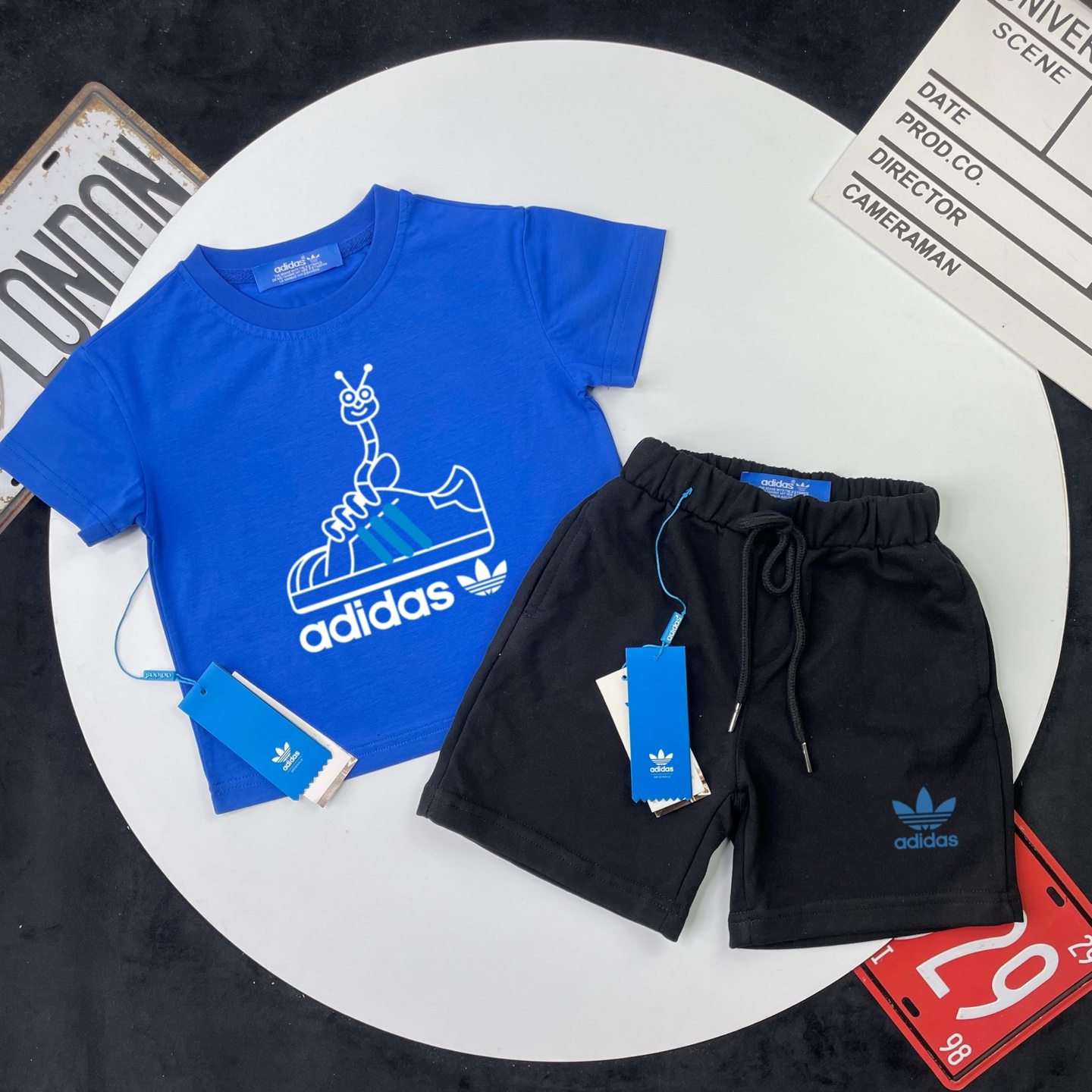 Adidas Kids 2Pcs Cute Cartoon Shoe Graphic Tee & French Terry Sweat Shorts Outfit For Boys Girls Full Original Tags Sizes 90-150