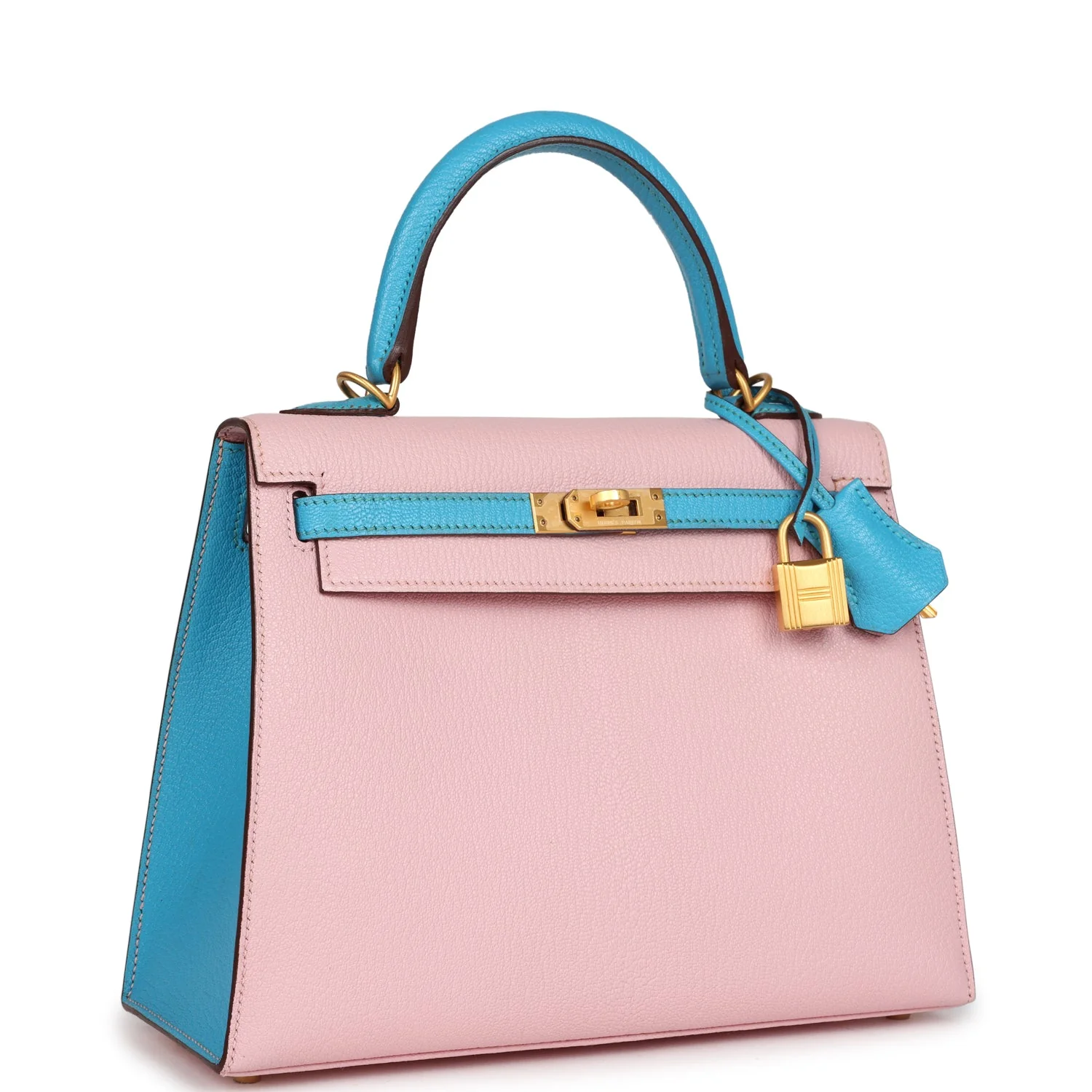 Hermes Special Order (HSS) Kelly Sellier  Rose Sakura and Bleu Aztec Chevre Brushed Gold Hardware