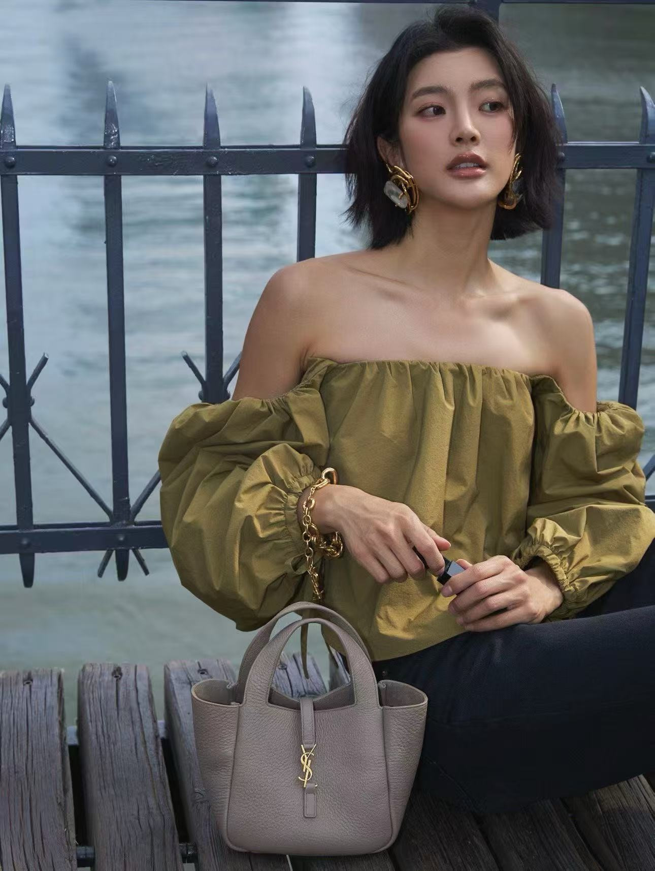 Saint Laurent green Clothing Saint Laurent Women's Green Puff-Sleeve Square-Neck Blouse #388728 View 2 | Nigo Office