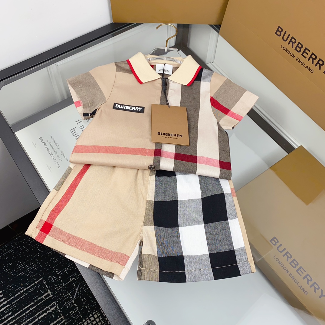 Burberry Unisex Kids Vintage Color Block Check Polo Shirt & Matching Shorts 2 Piece Toddler Summer Set Boys Girls Sizes 80-130