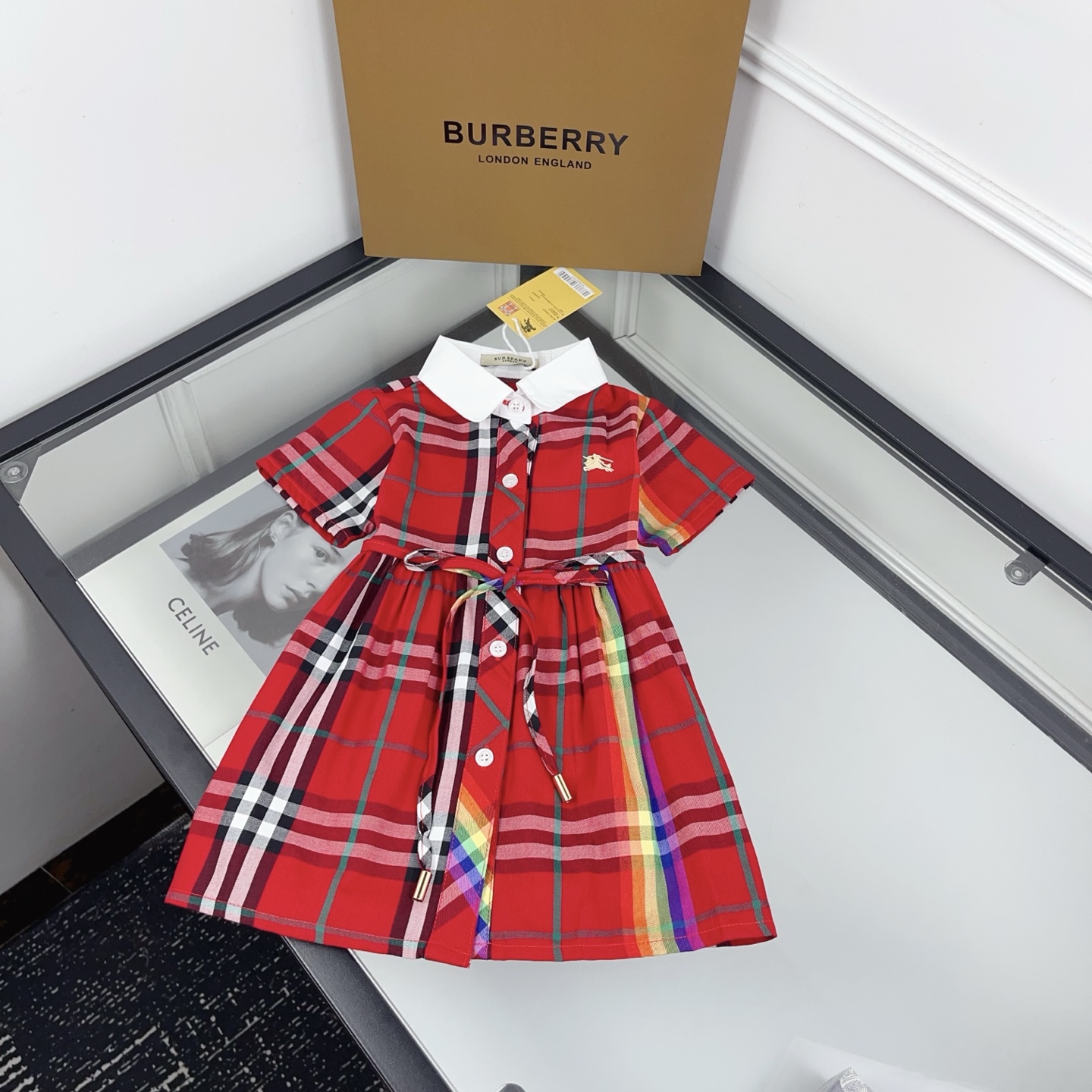 Burberry Girls Red Vintage Check Rainbow Stripe Short Sleeve Shirt Dress Kids Sizes 90-130