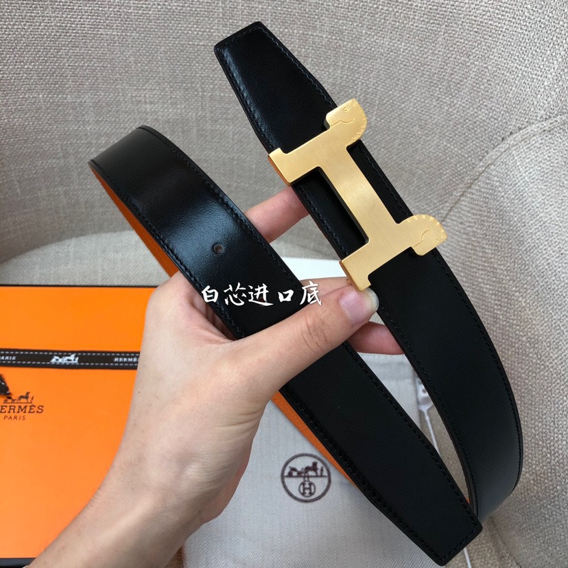 [TOP] HERMES Men's Calfskin Belt 32mm - Black and Orange - 711 Luxury